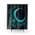 Turquoise crescent moon within a jade botanical arch shower curtain with full front view