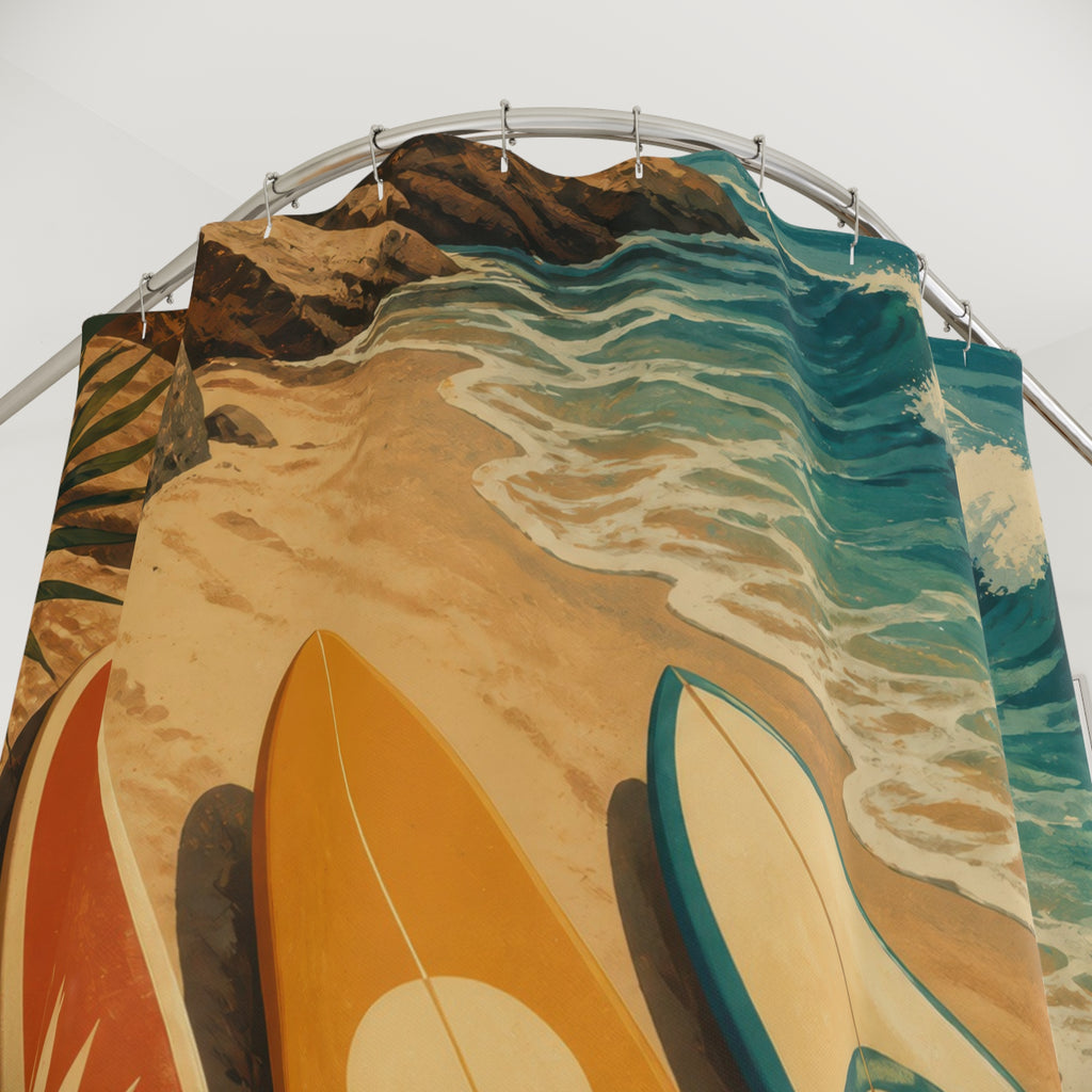 Close-up of Vintage surfboards beside a curling teal wave shower curtain with hooks and folds