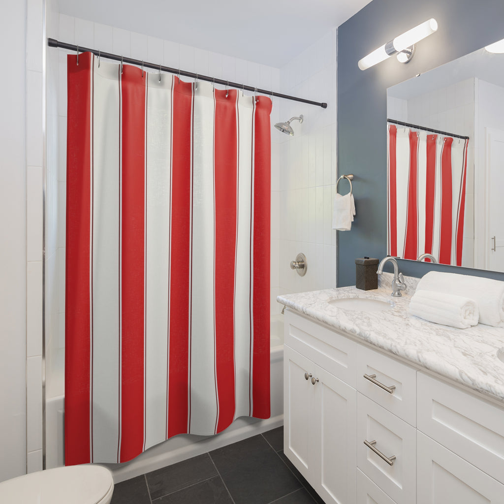 Crisp Red Awning Shower Curtain, Red Ivory Classic Bathroom Decor, Awning Stripe Bath Curtain, Guest Bath Decor, Small Bathroom Decor