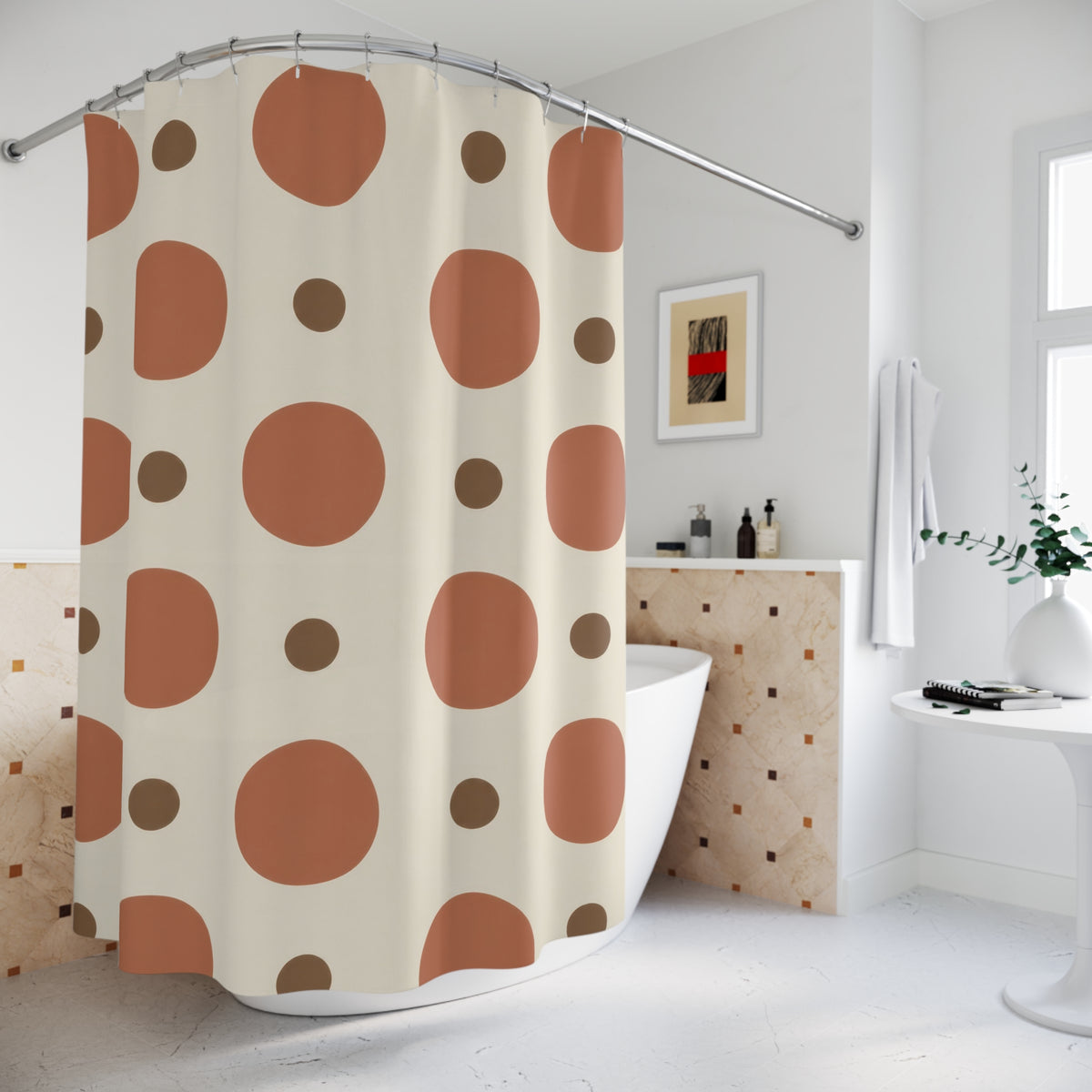 Large terracotta circles and small brown dots on cream shower curtain beside a freestanding tub