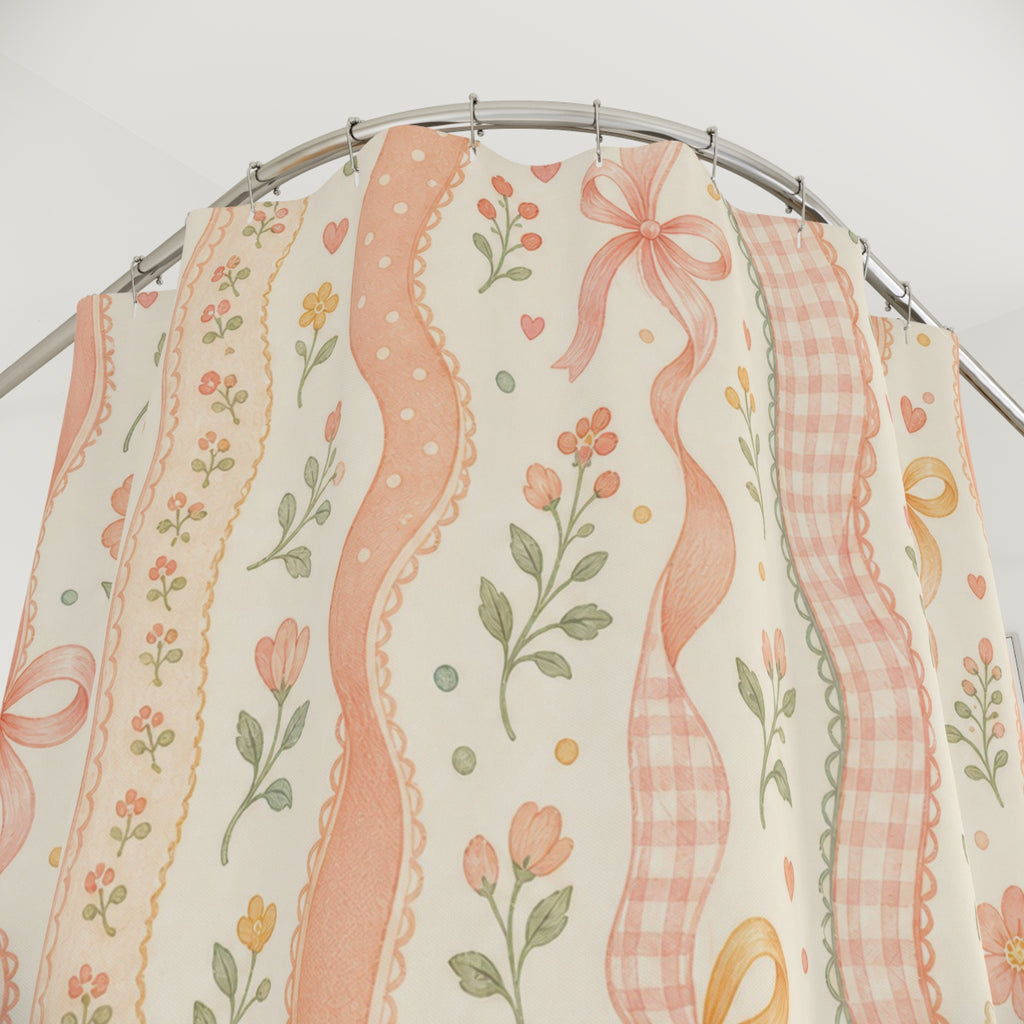 Cute Wavy Floral Stripe Pink Shower Curtain