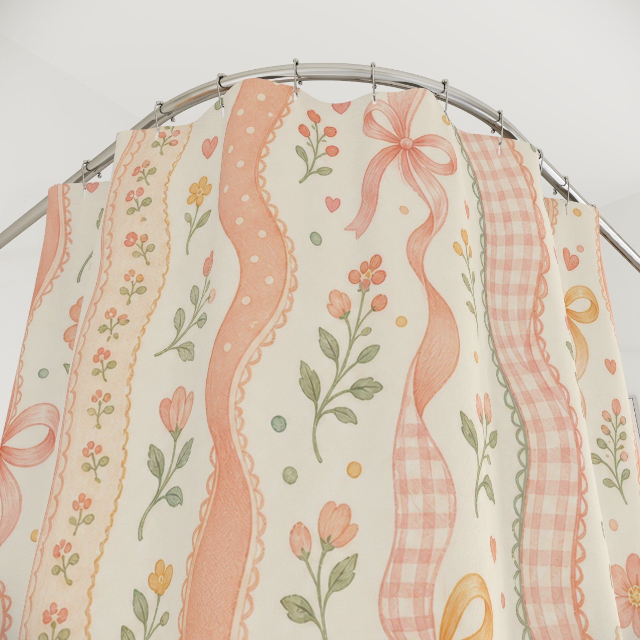 Cute Wavy Floral Stripe Pink Shower Curtain