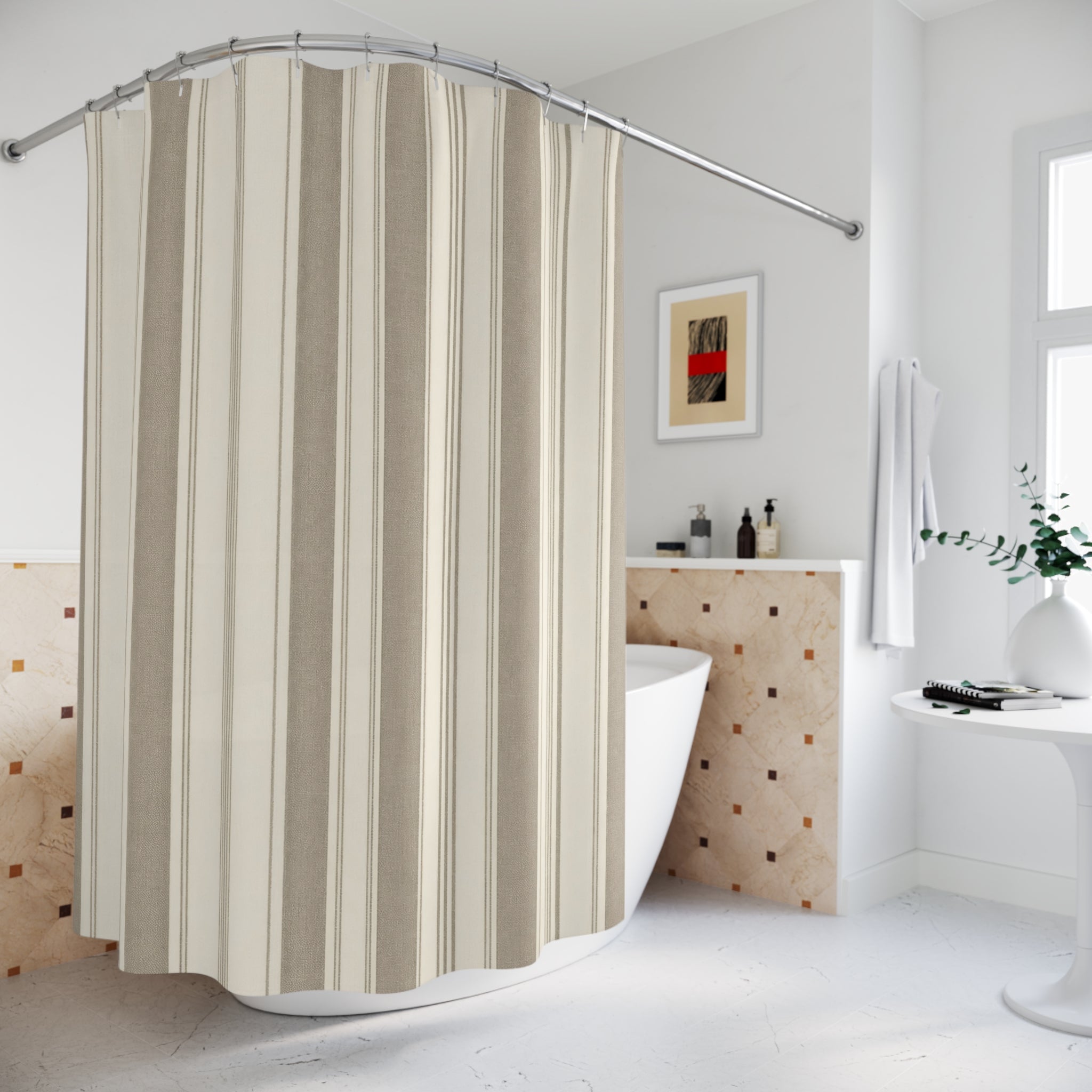 Beige Awning Stripe Shower Curtain, Neutral Classic Bathroom Decor, Taupe Stripe Bath Curtain, Guest Bathroom Decor, Small Bathroom Decor