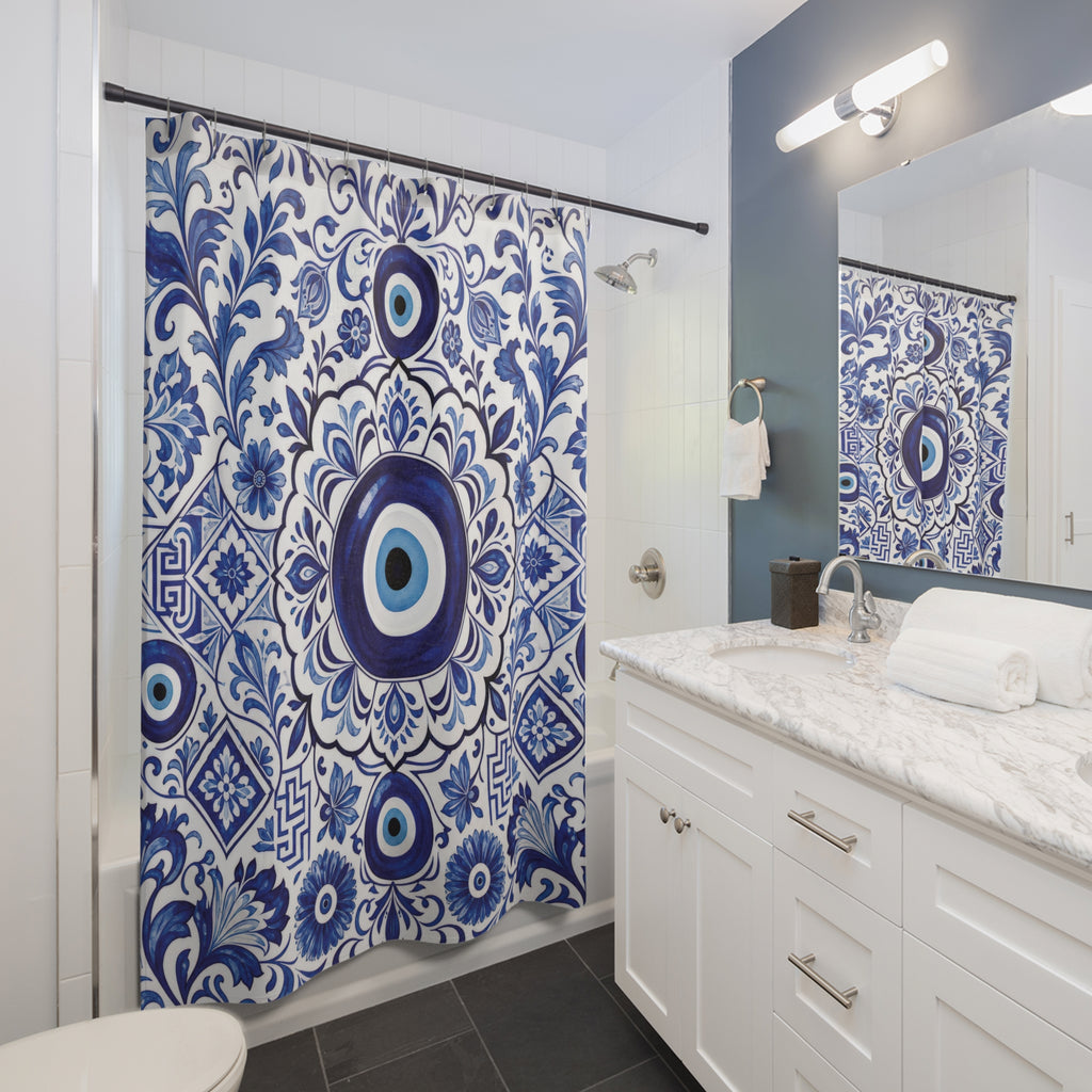 Evil Eye Shower Curtain: Blue White Greek Tile