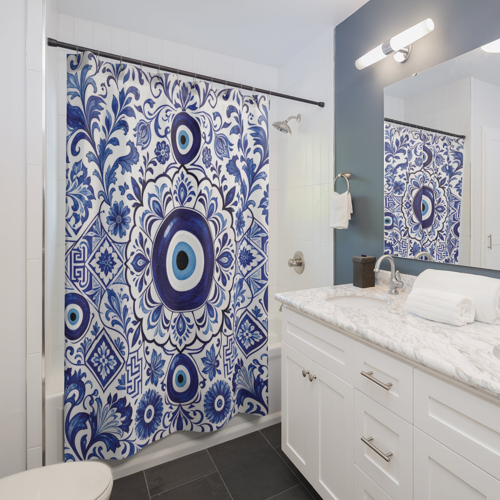 Evil Eye Shower Curtain: Blue White Greek Tile