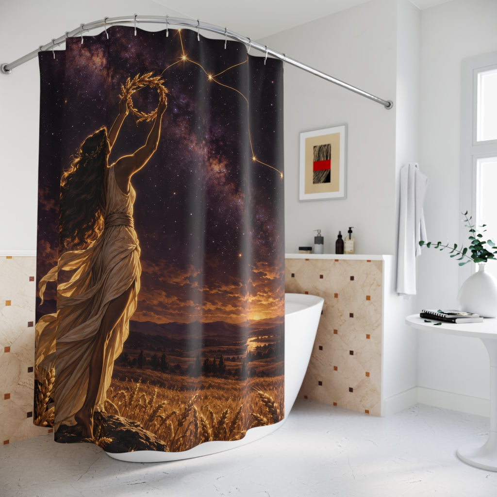 Virgo maiden raising a wheat wreath at sunset shower curtain beside a freestanding tub