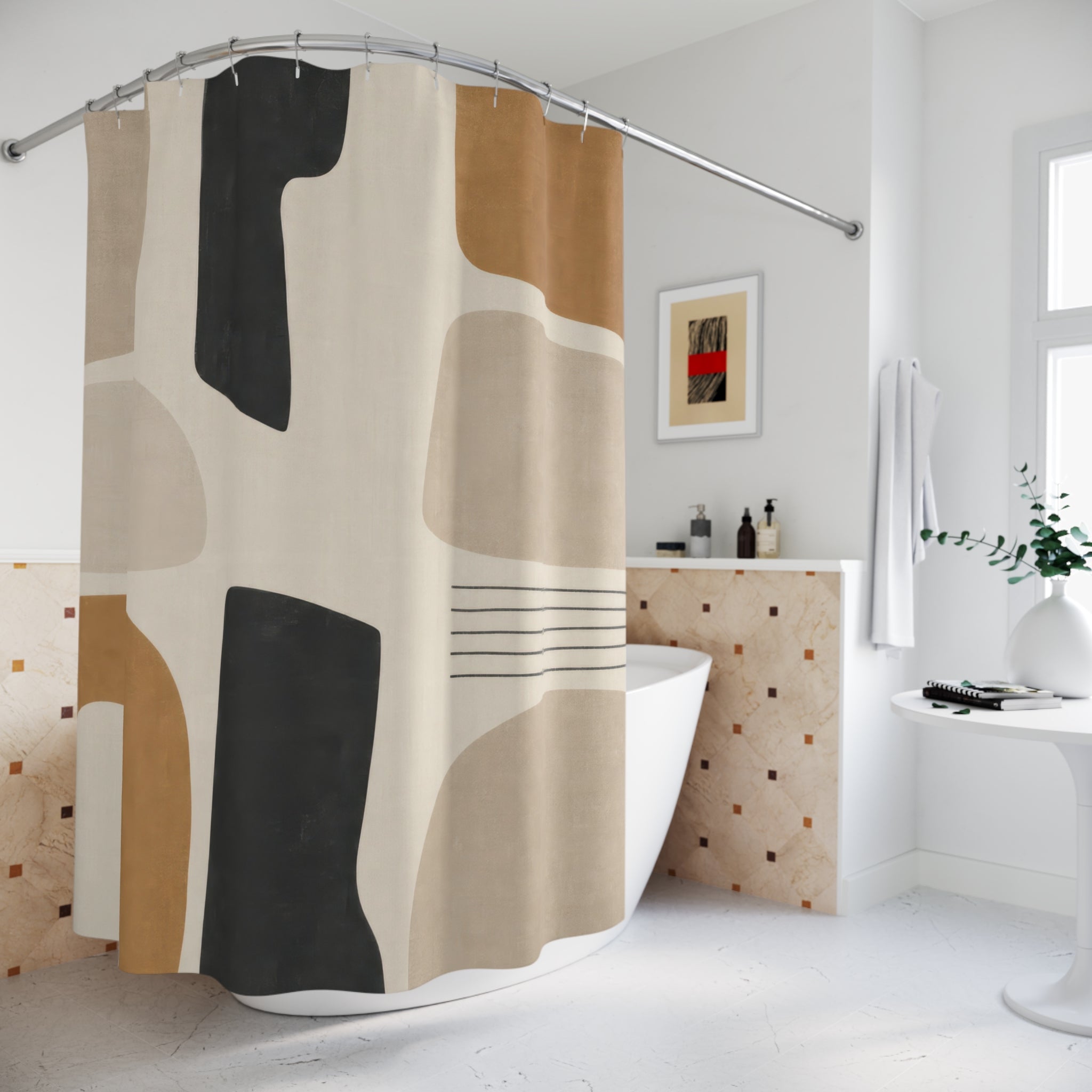 Abstract Shower Curtain, Black Beige Cutout Pattern, Neutral Modern Bathroom Decor, Ochre Taupe Guest Bath Geometric Style