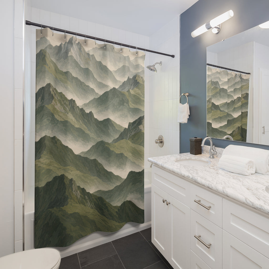 Sage and olive mountain ridges in pale cream mist shower curtain beside a white vanity