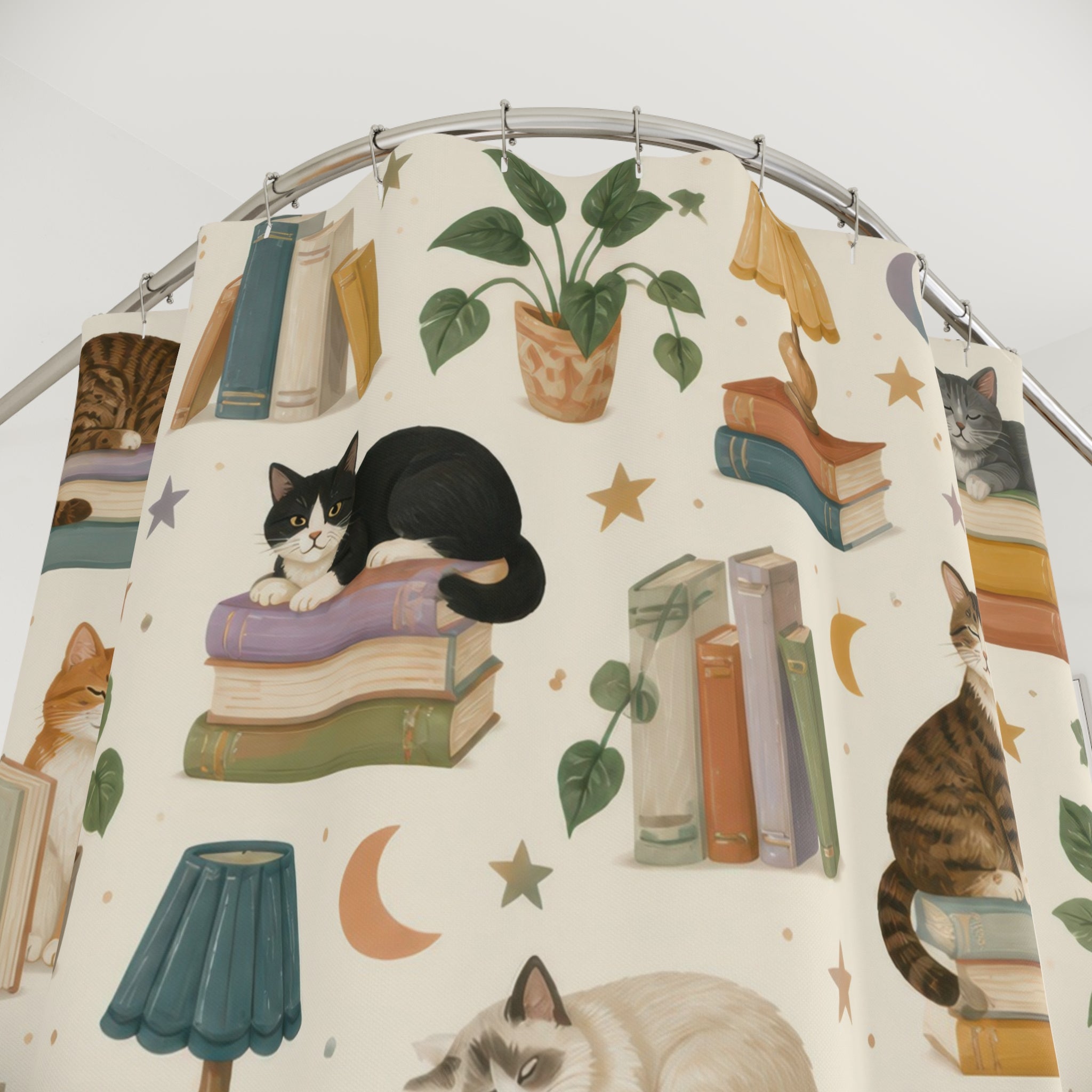 Kids Cat Shower Curtain, Cozy Reading Nook Book Pattern, Cute Library Bathroom Decor, Storybook Cozy Library Wall Decor Guest Bath Gift