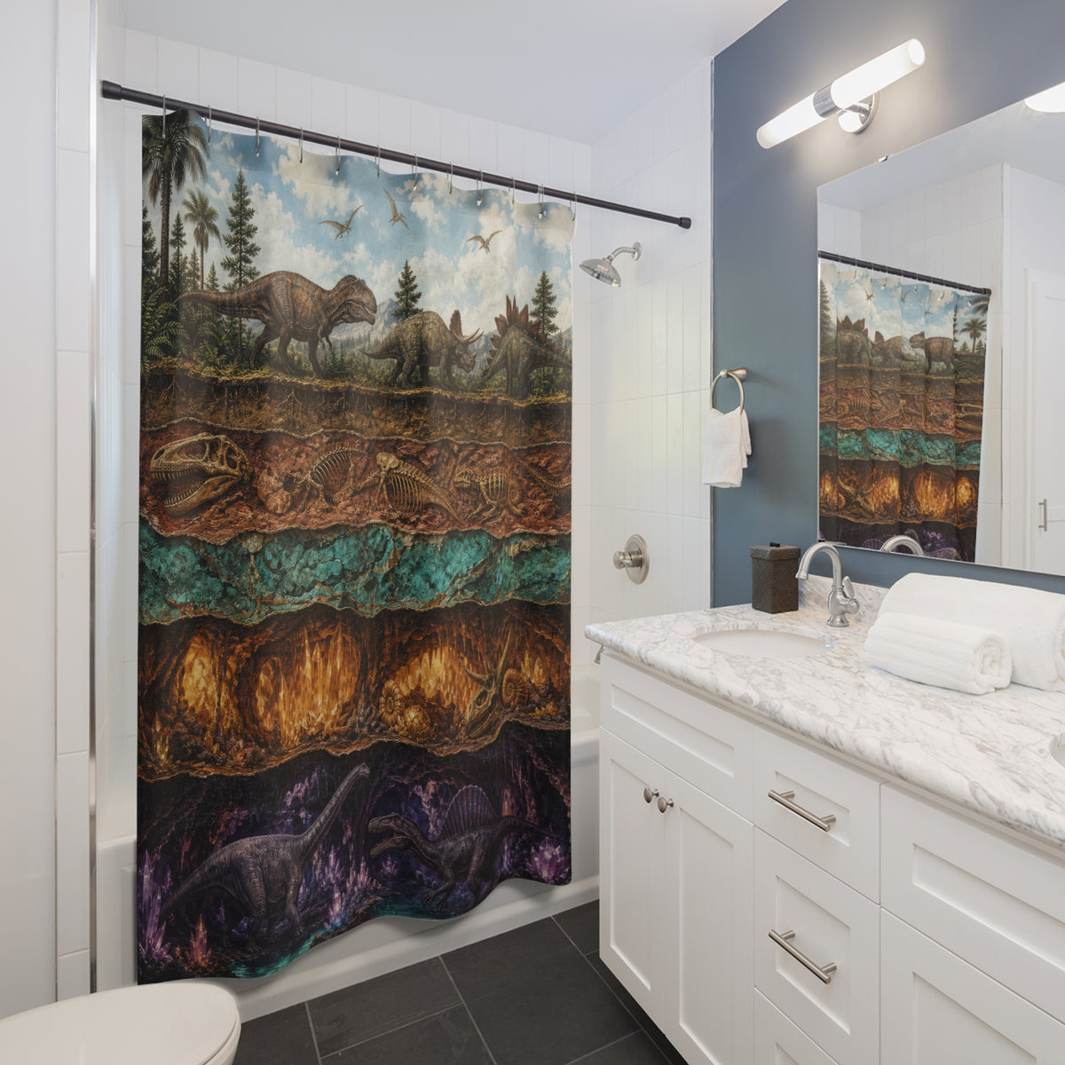 Prehistoric dinosaurs across geological earth layers shower curtain installed beside a white vanity