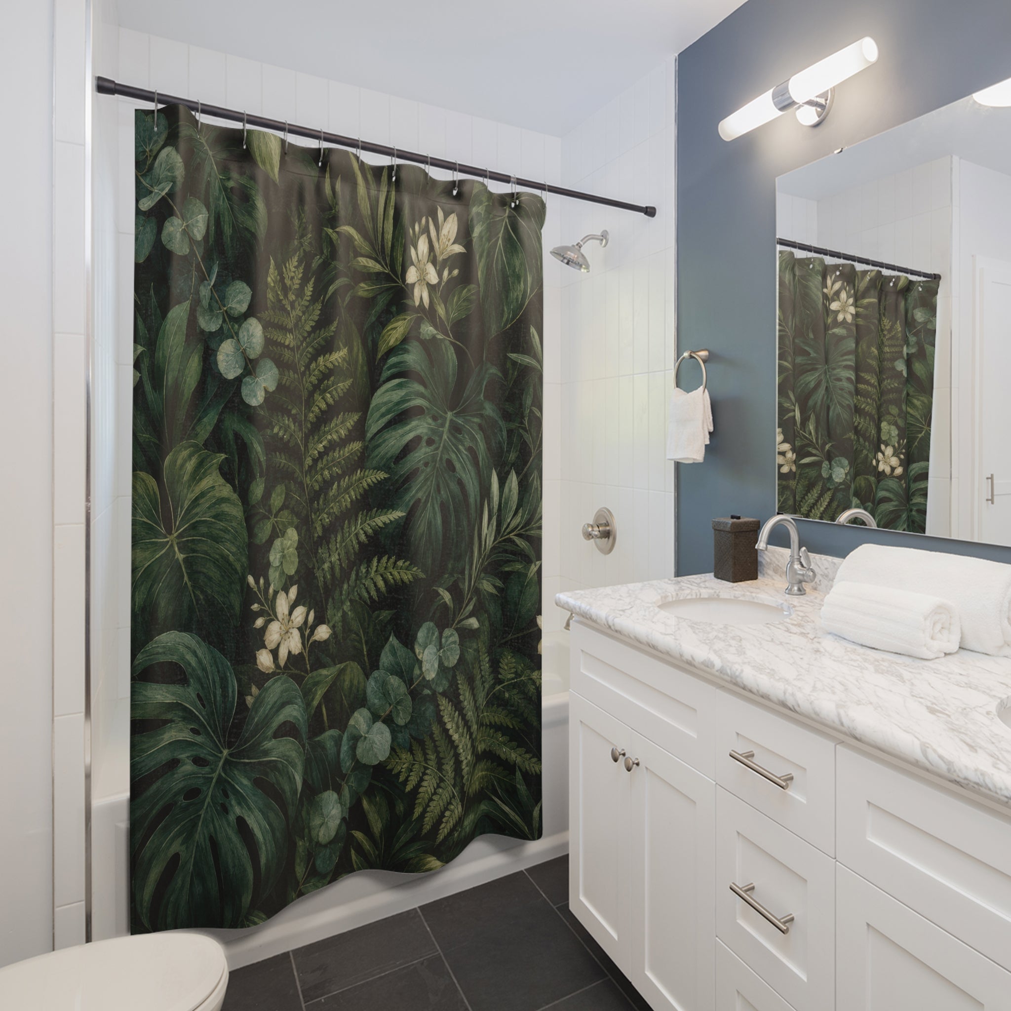 Dark Green Shower Curtain: Tropical Botanical Leaf Pattern
