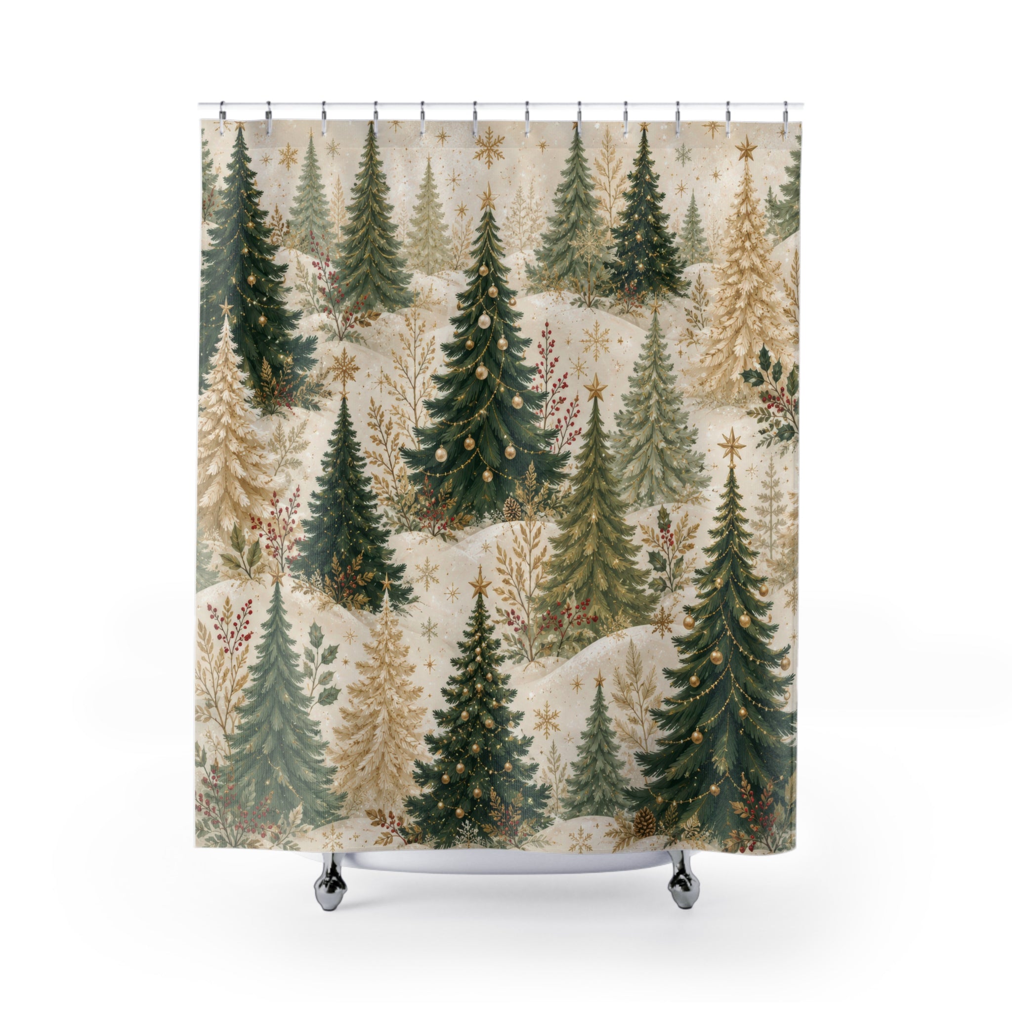 Christmas Tree Shower Curtain: Green Gold Winter Woodland
