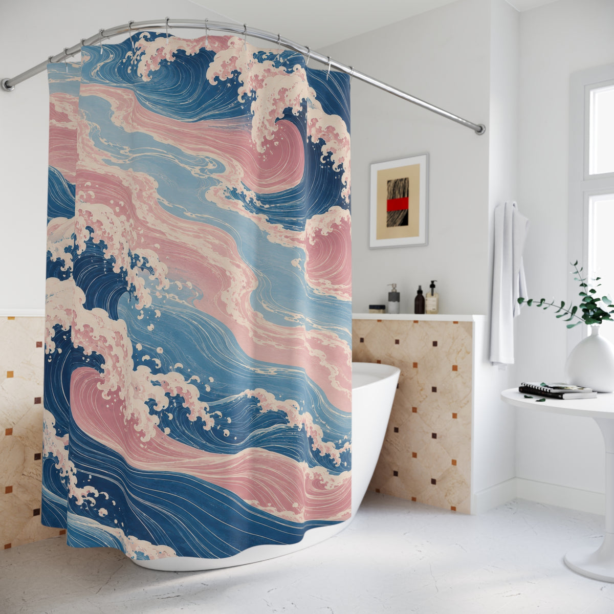 Blue and pink curling waves with ivory foam shower curtain beside a freestanding tub