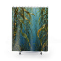 Olive green kelp and small silver-blue fish in sunlit blue water shower curtain with full front view