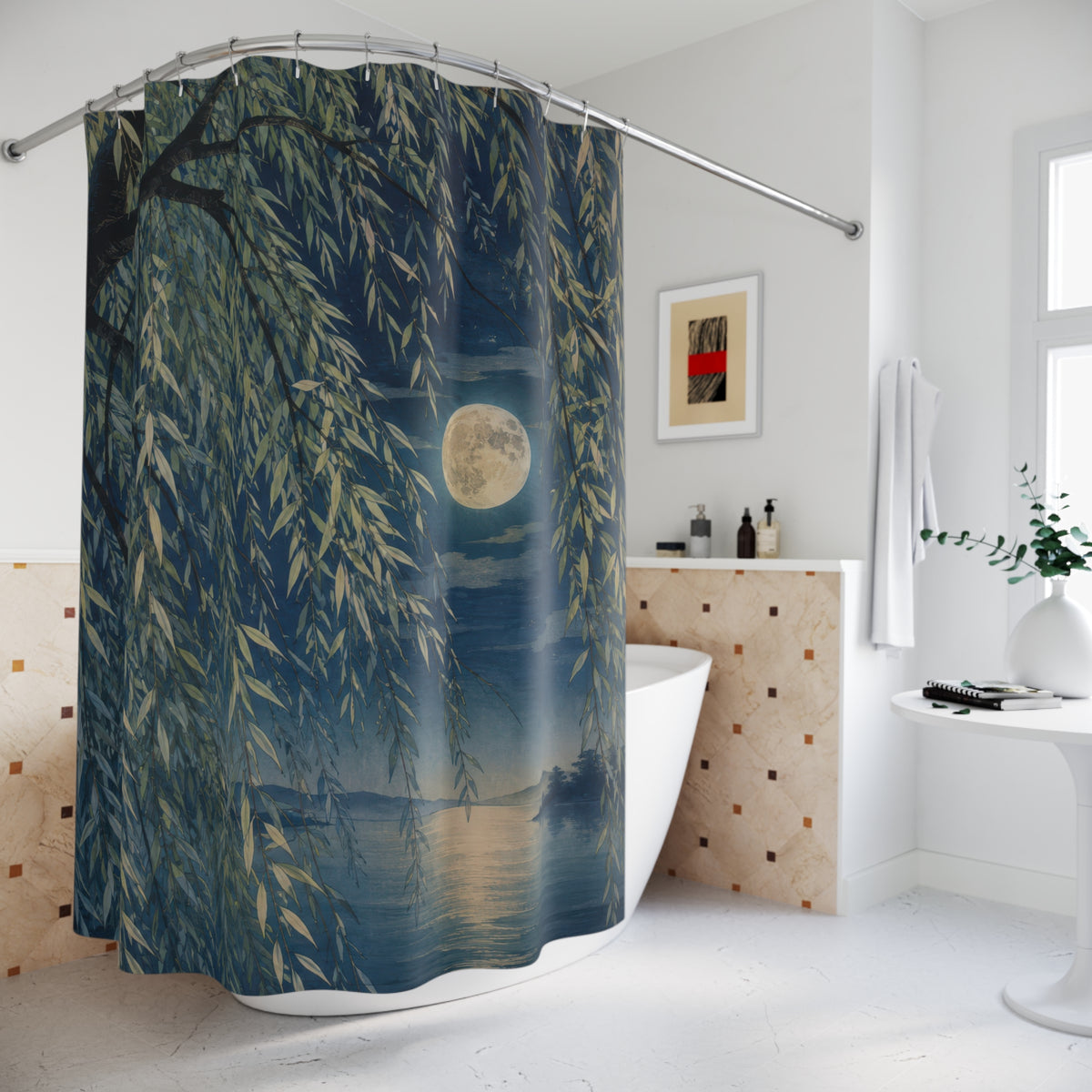 Moonlit weeping willow and lake shower curtain beside a freestanding tub