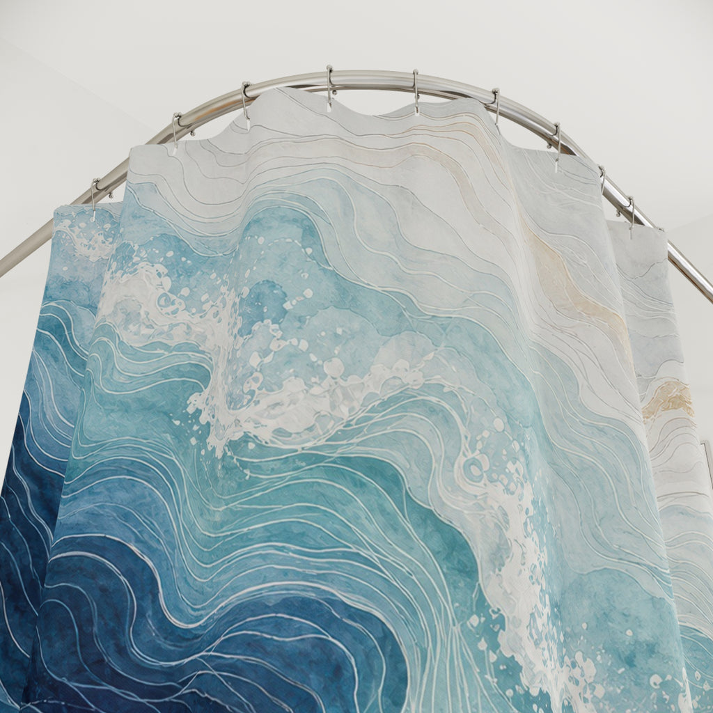 Blue Wave Watercolor Abstract Shower Curtain
