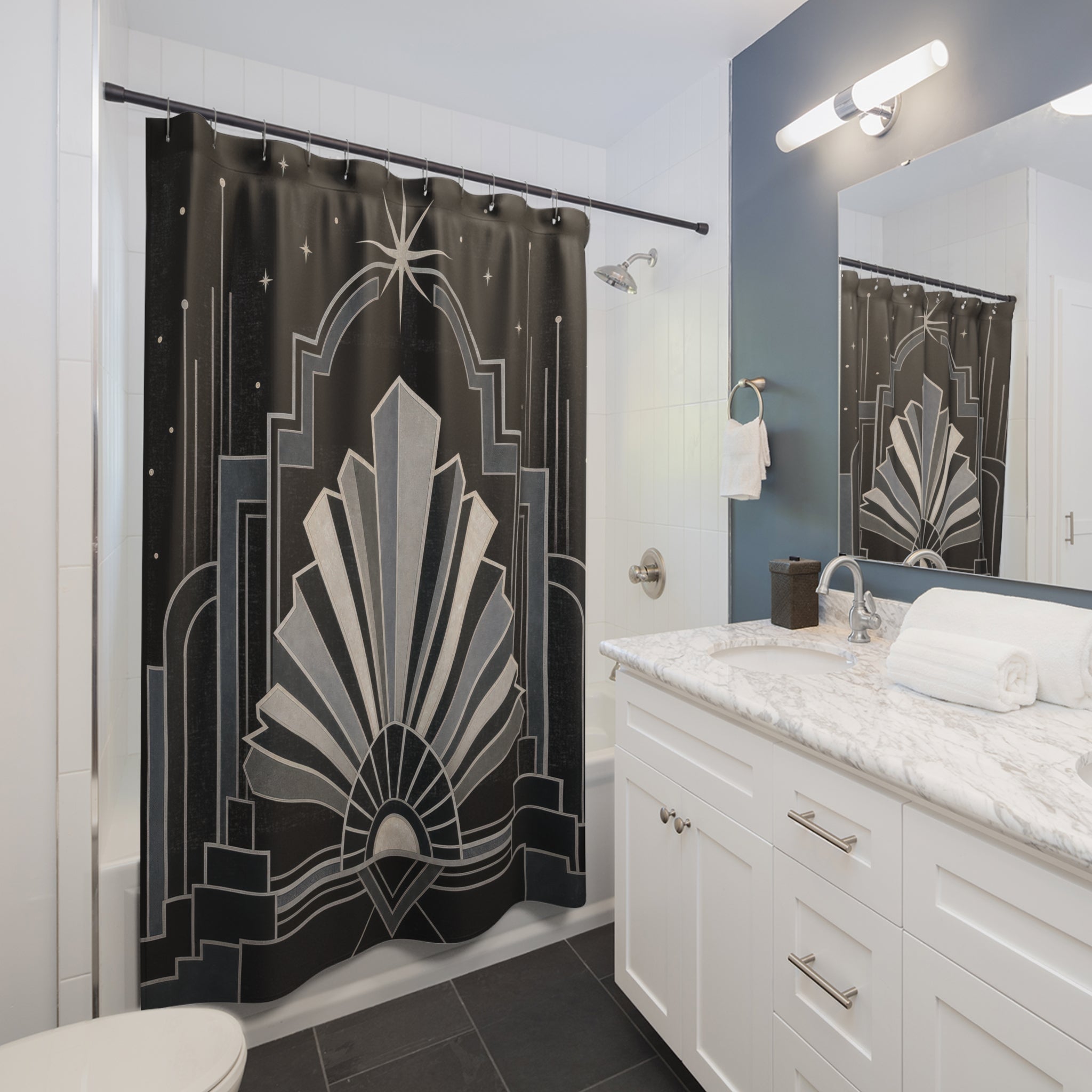 Black Silver Art Deco Shower Curtain