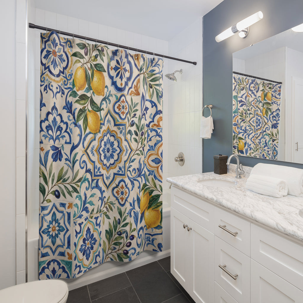 Mediterranean Shower Curtain: Blue Yellow Tile Pattern Lemons