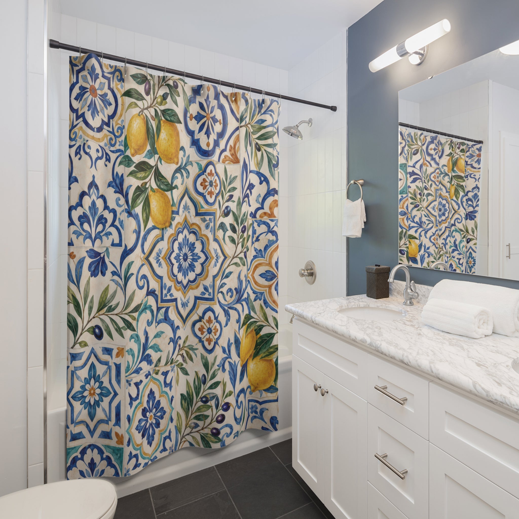 Mediterranean Shower Curtain: Blue Yellow Tile Pattern Lemons