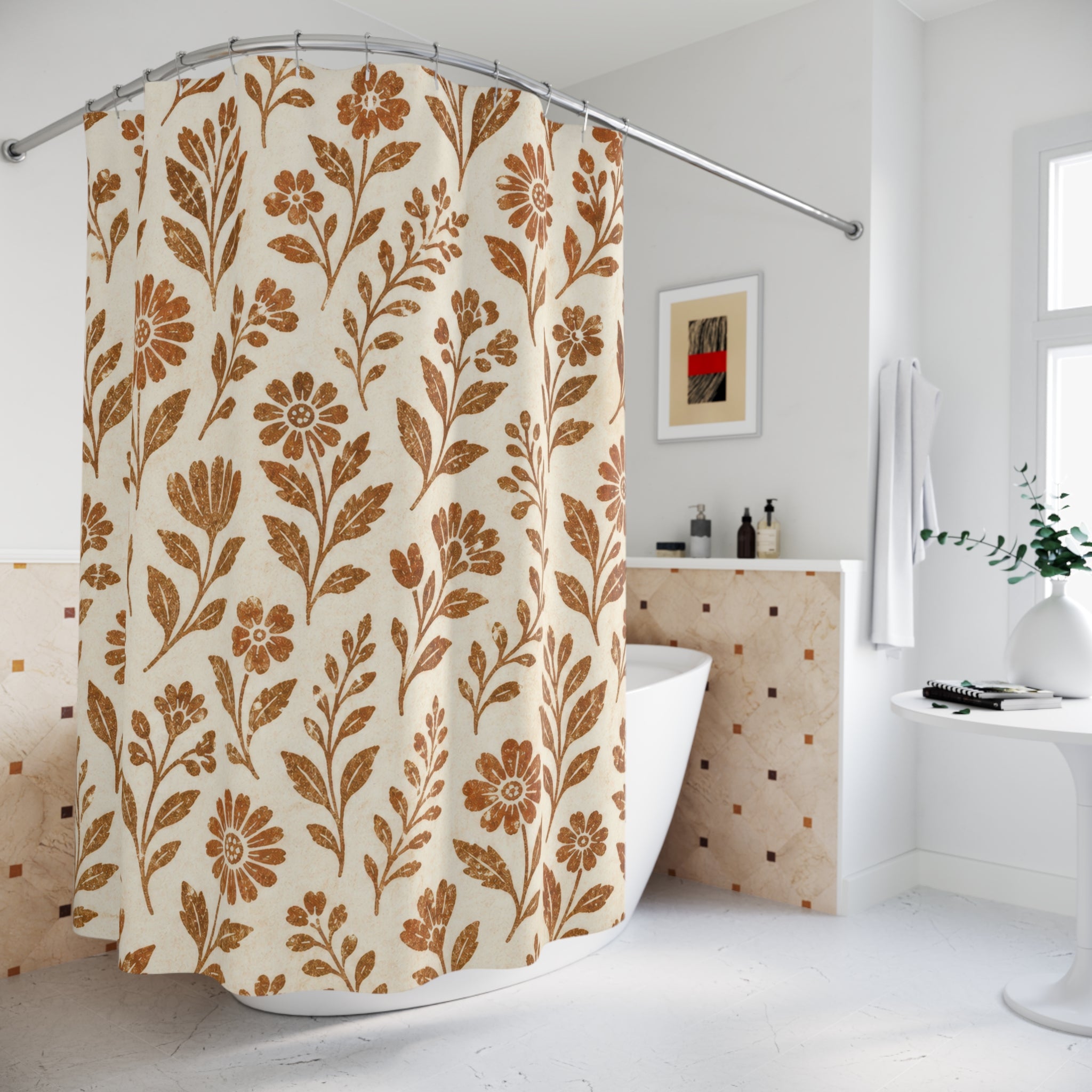 Ochre Brown Botanical Flower Shower Curtain