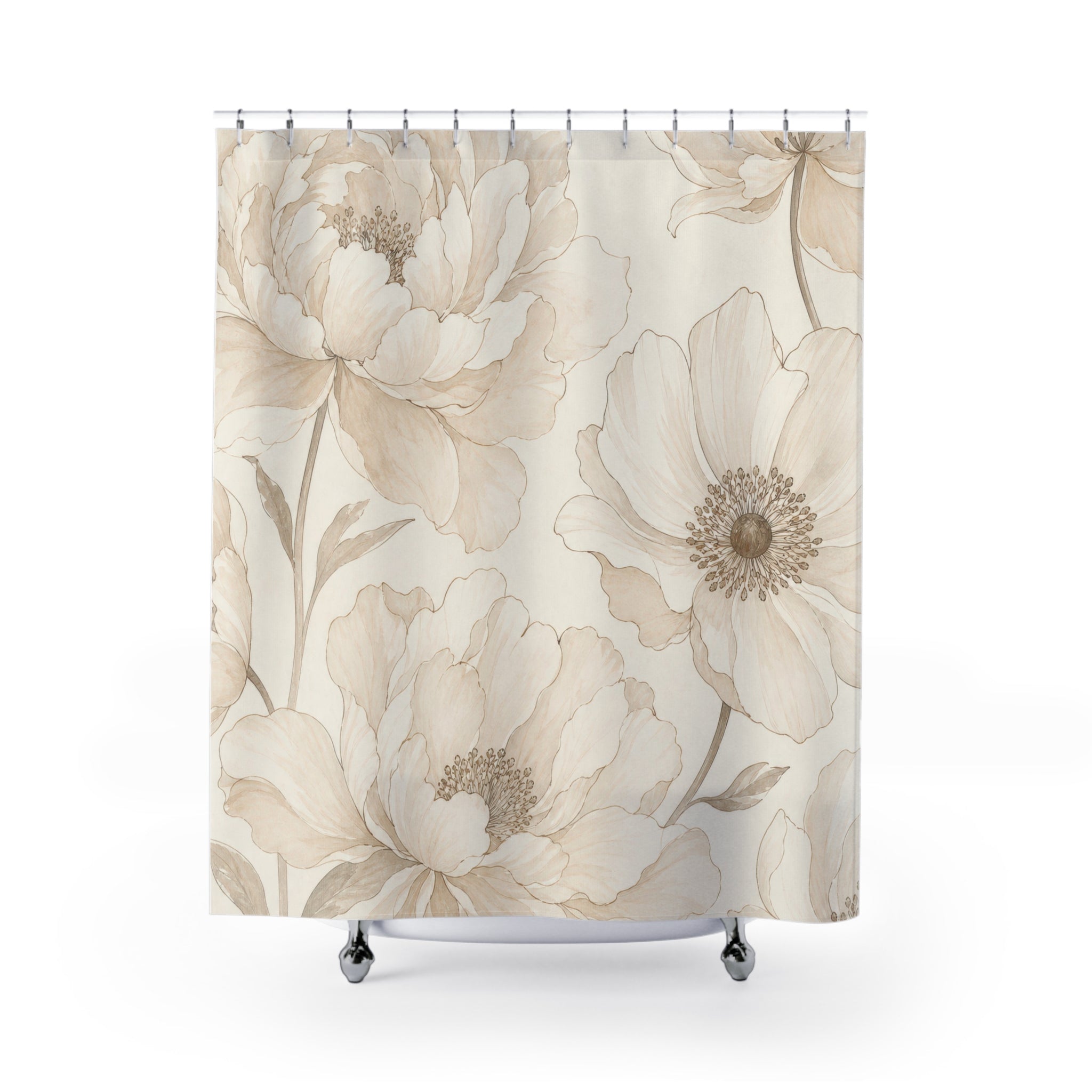 Cream Beige Line Flower Shower Curtain