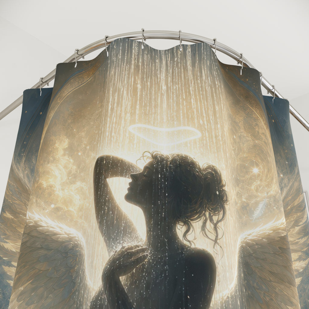 Unique Angel Shower Curtain, Halo Wing Silhouette Art, Celestial Gold Blue Bathroom Decor, Ethereal Spiritual Wall Guest Bath Gift For Home