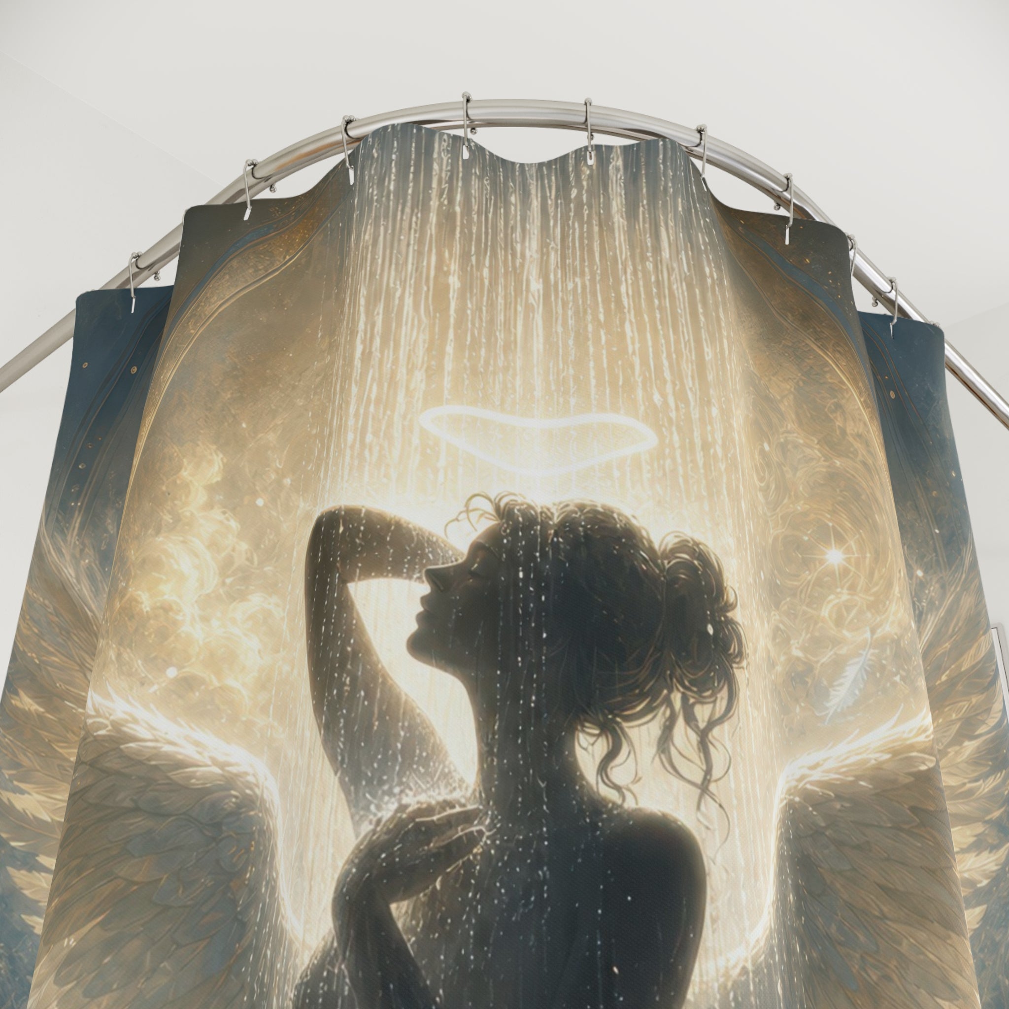 Unique Angel Shower Curtain, Halo Wing Silhouette Art, Celestial Gold Blue Bathroom Decor, Ethereal Spiritual Wall Guest Bath Gift For Home