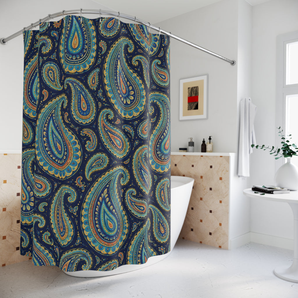 Turquoise paisley with golden yellow detail on navy shower curtain beside a freestanding tub