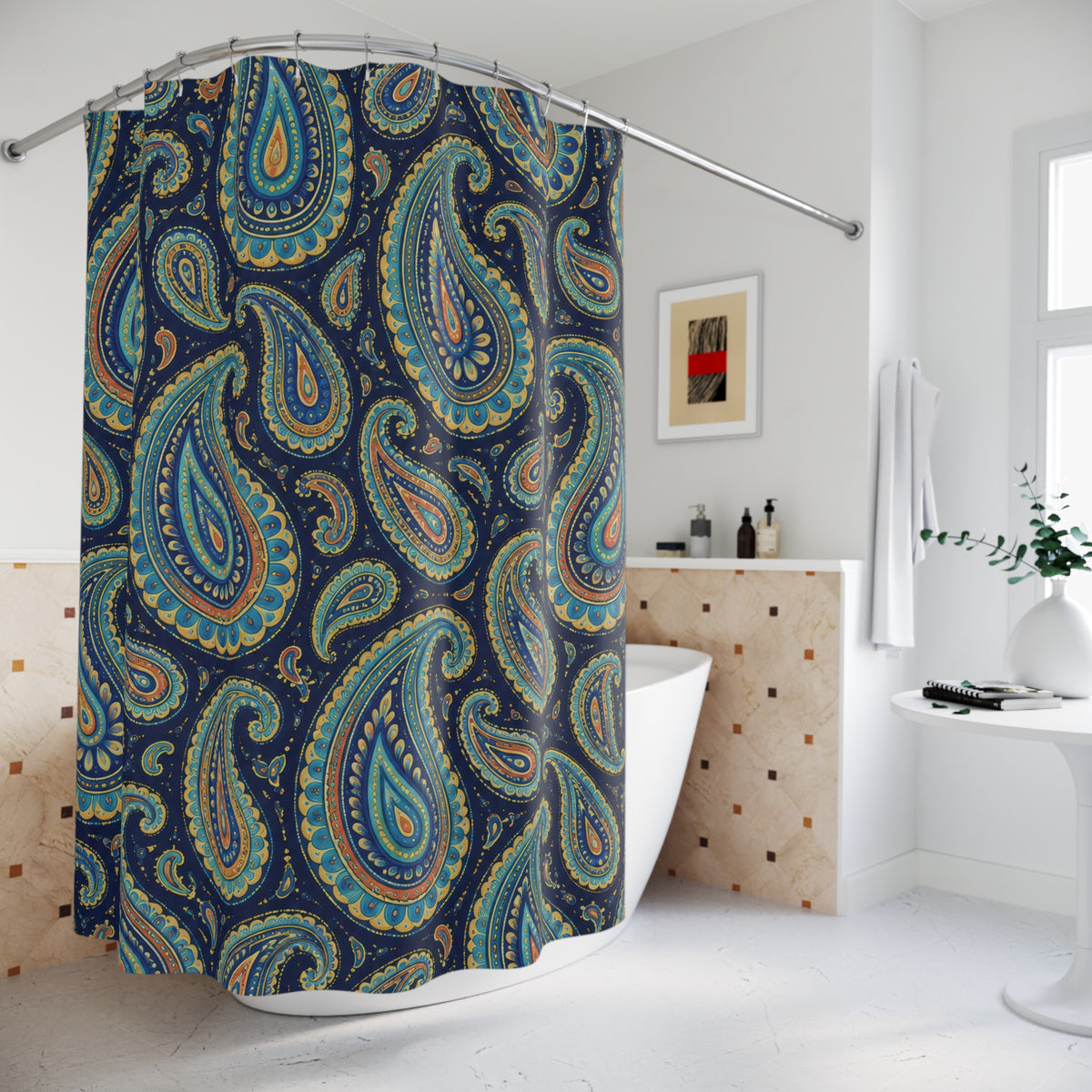 Turquoise paisley with golden yellow detail on navy shower curtain beside a freestanding tub