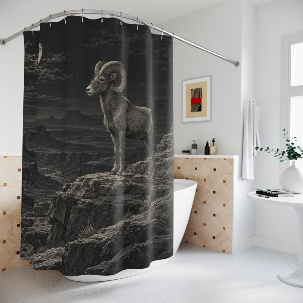 Bighorn sheep on a moonlit charcoal mountain ridge shower curtain beside a freestanding tub