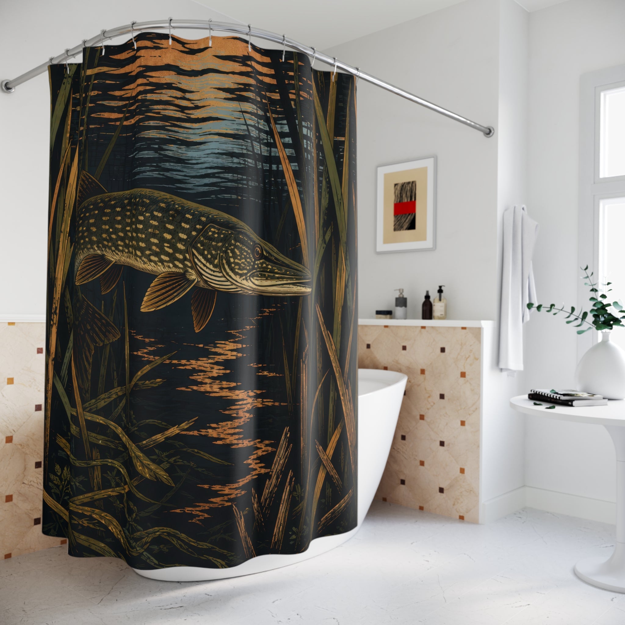 Northern pike among dark reeds and copper reflections shower curtain beside a freestanding tub