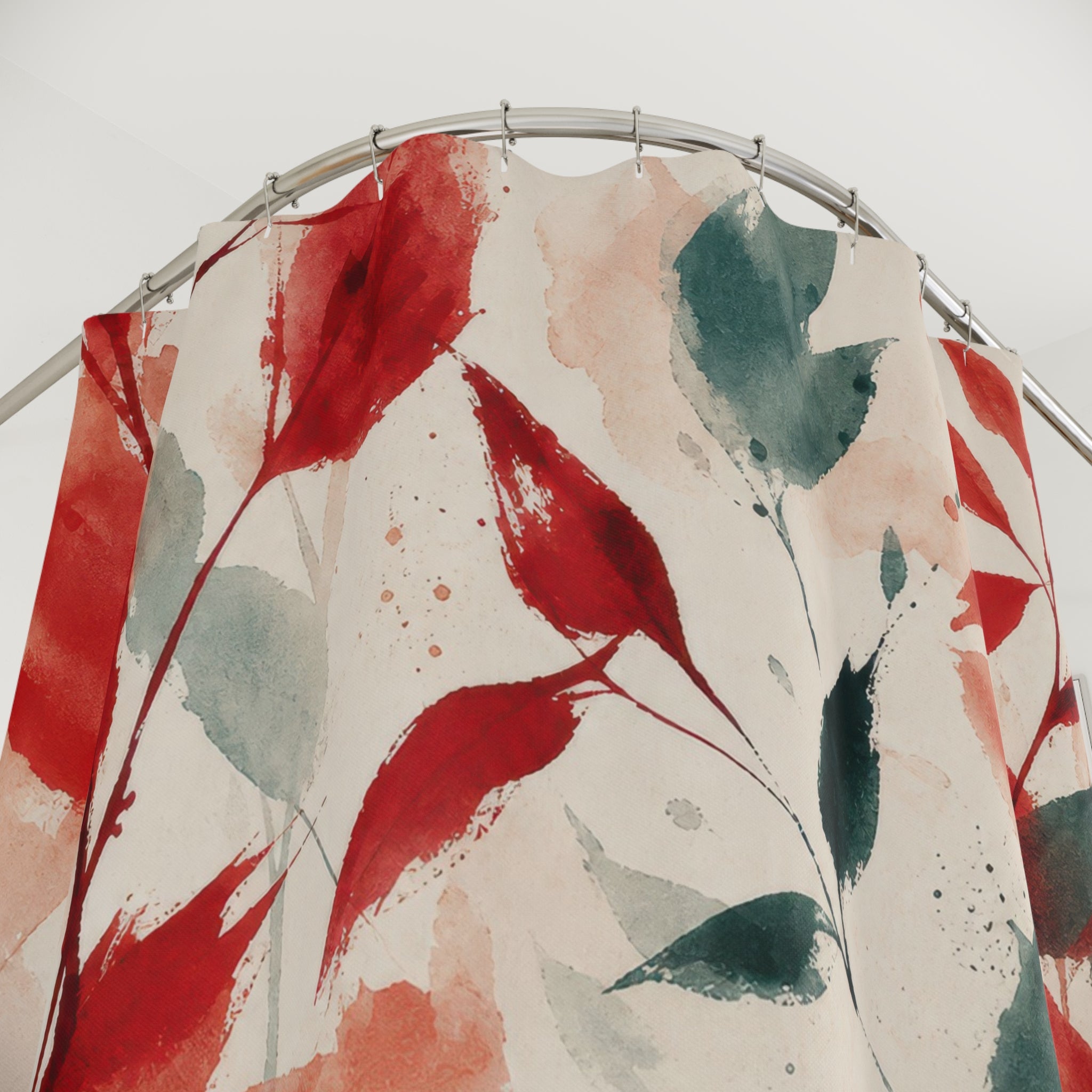 Teal Botanical Red Floral Shower Curtain