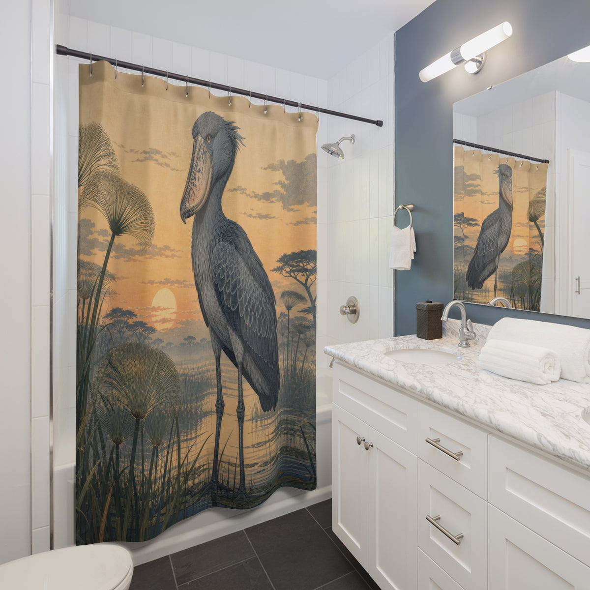 Shoebill animal standing above papyrus in a misty marsh shower curtain beside a white vanity