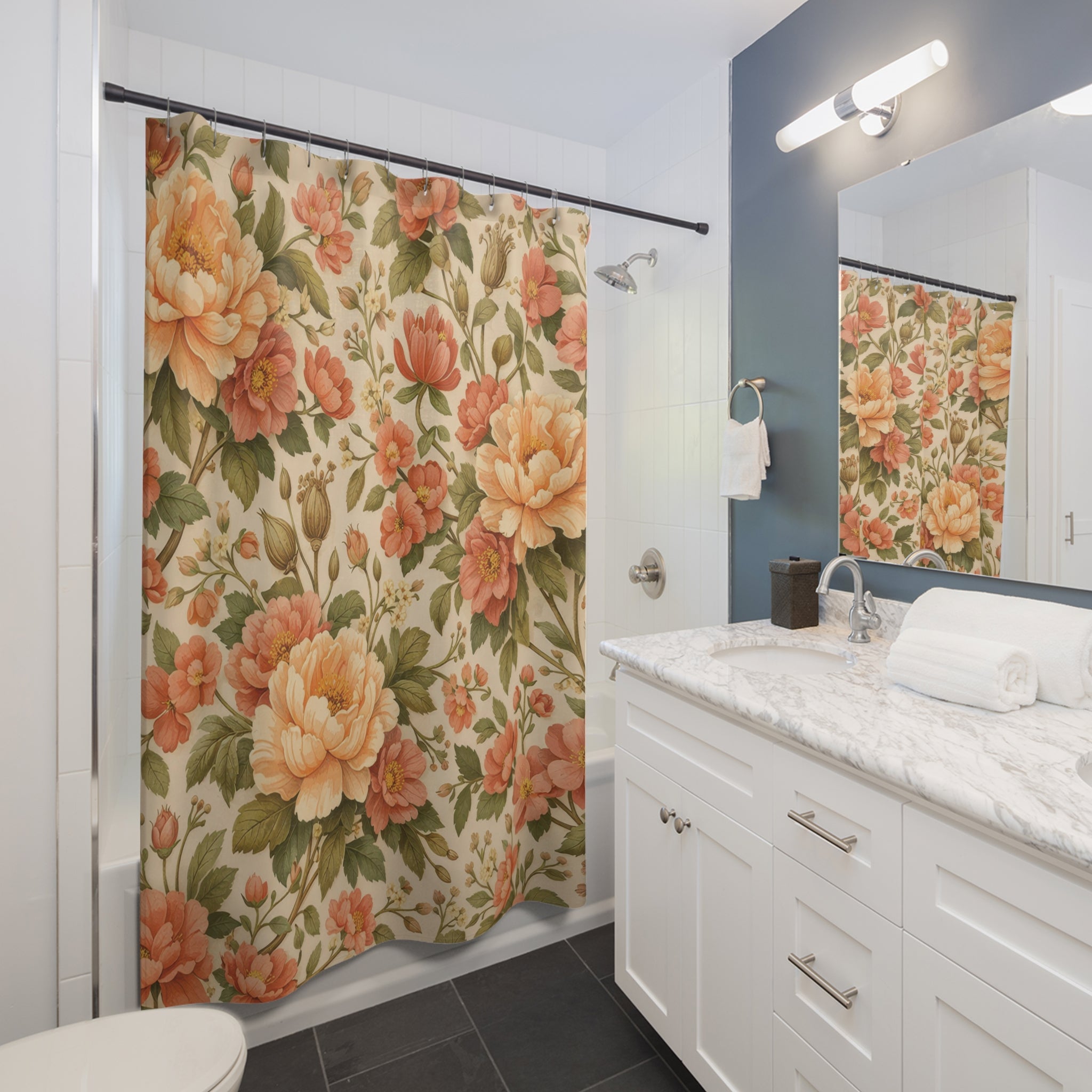 Orange Floral Shower Curtain – Apricot Peony Garden