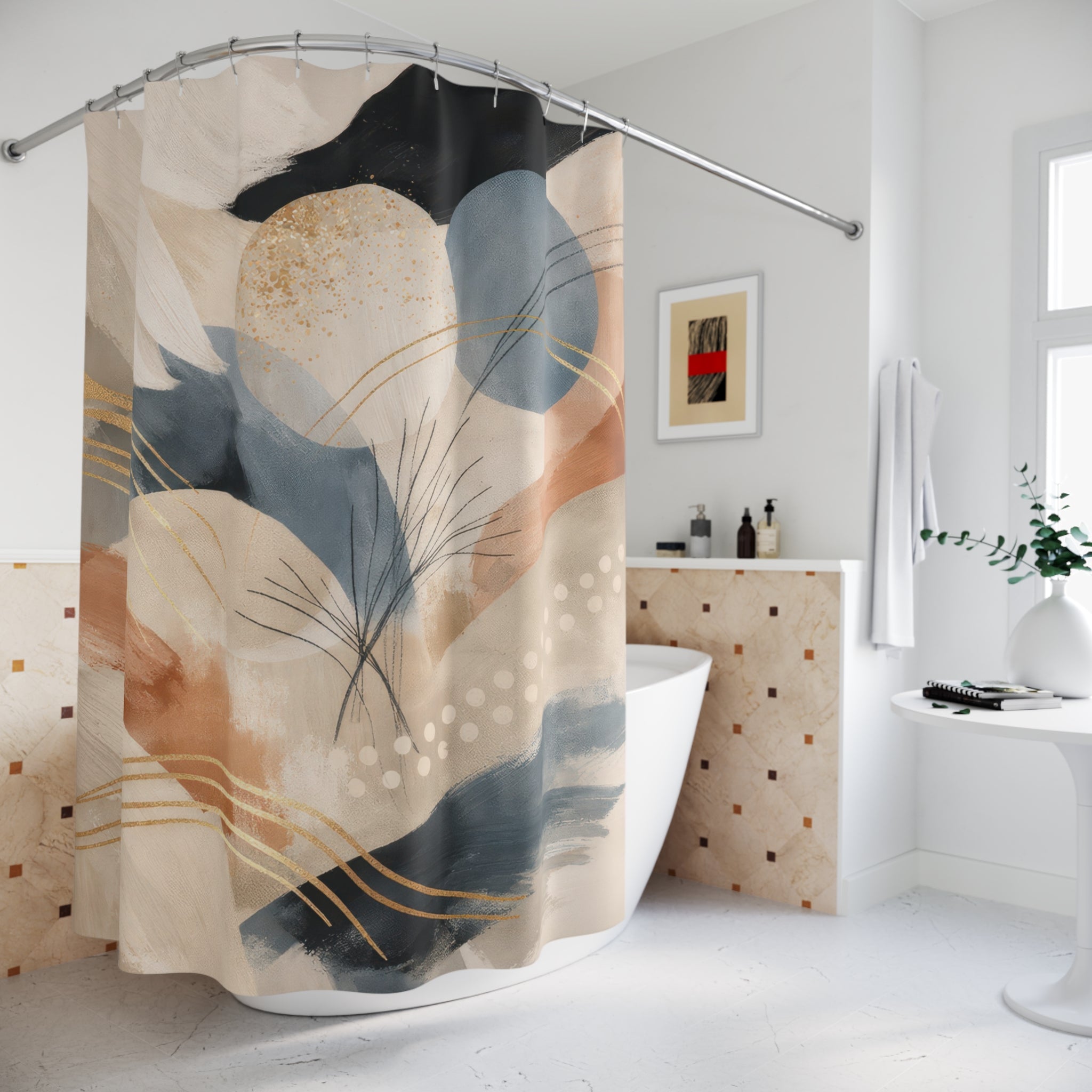 Abstract Painterly Shower Curtain – Beige Blue Black