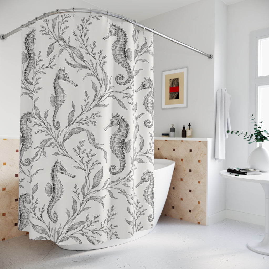 Silver seahorses among fine gray seaweed fronds shower curtain beside a freestanding tub