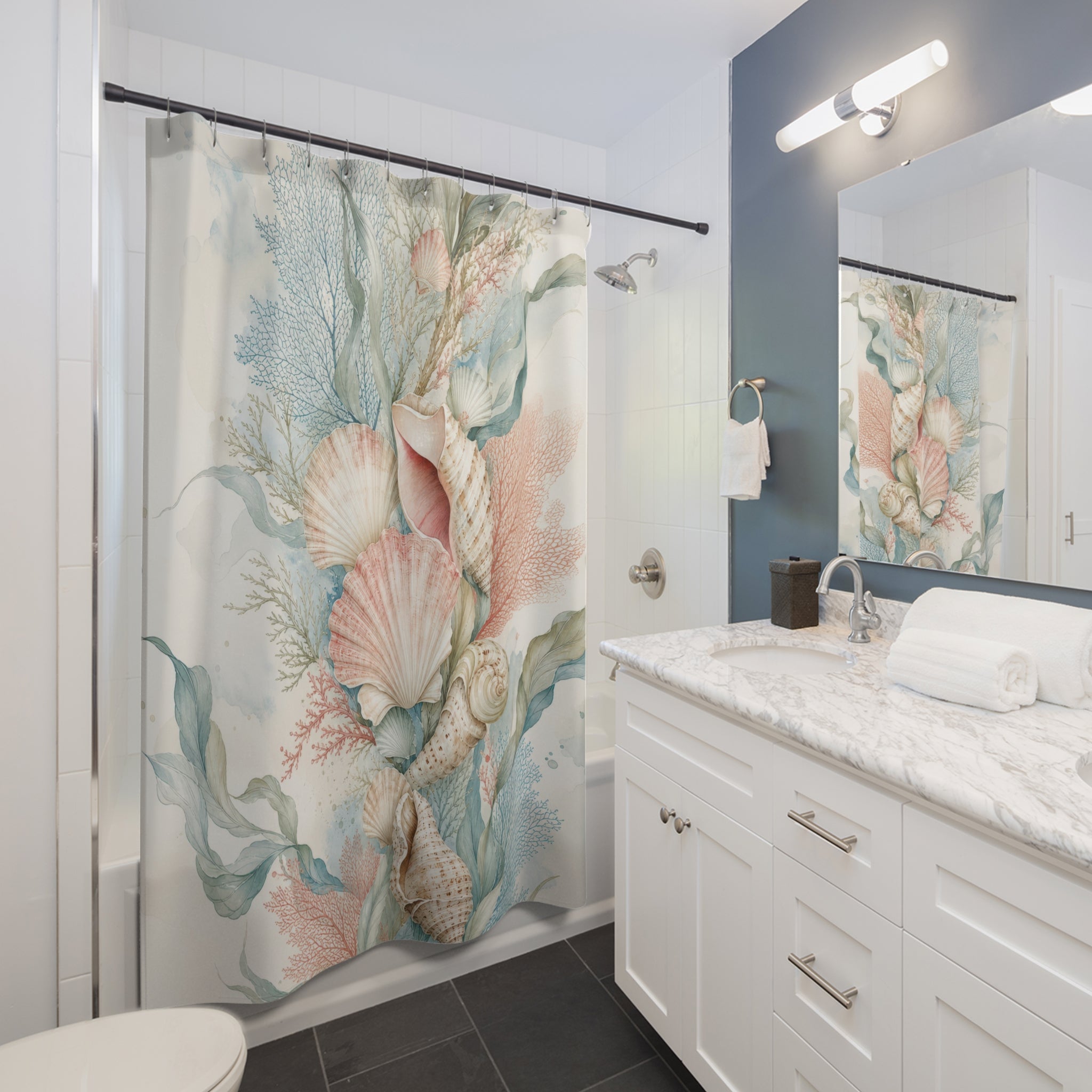 Seashell Botanical Beachy Shower Curtain