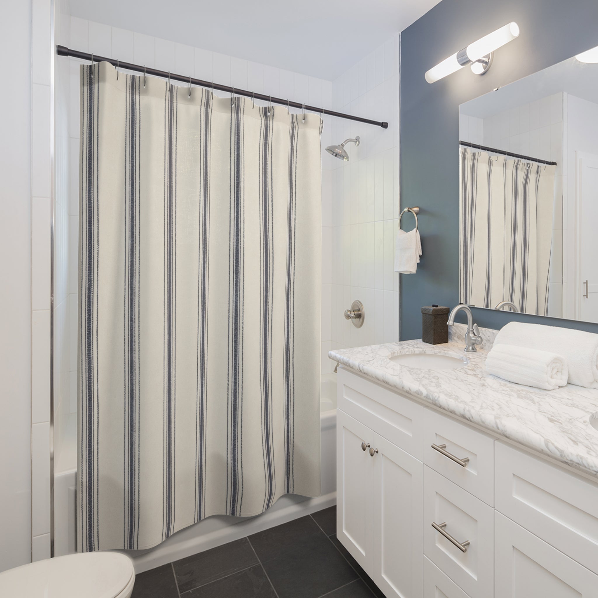 Navy and Ivory Ticking Stripe Shower Curtain