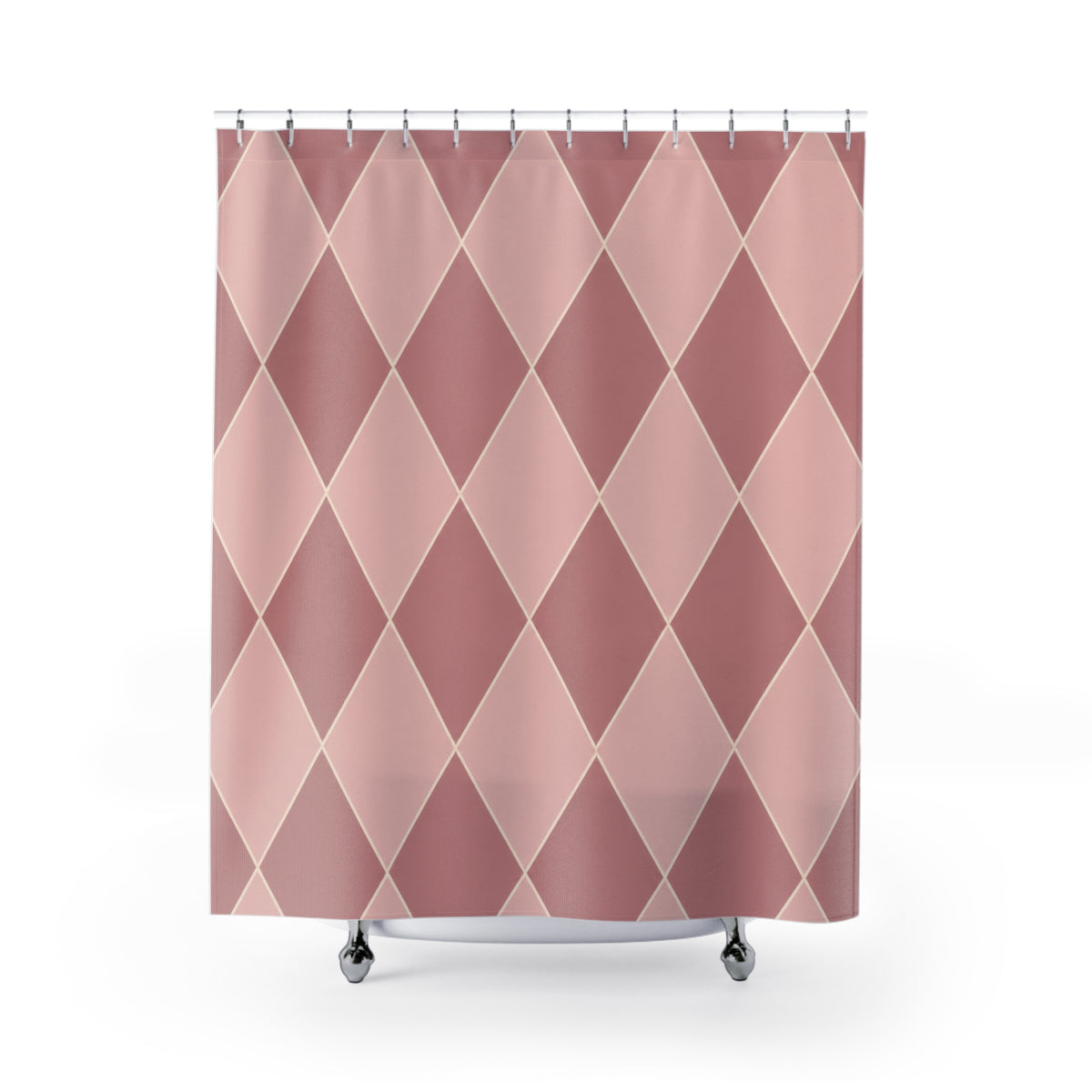 Blush harlequin diamonds with fine ivory lines shower curtain with full front view