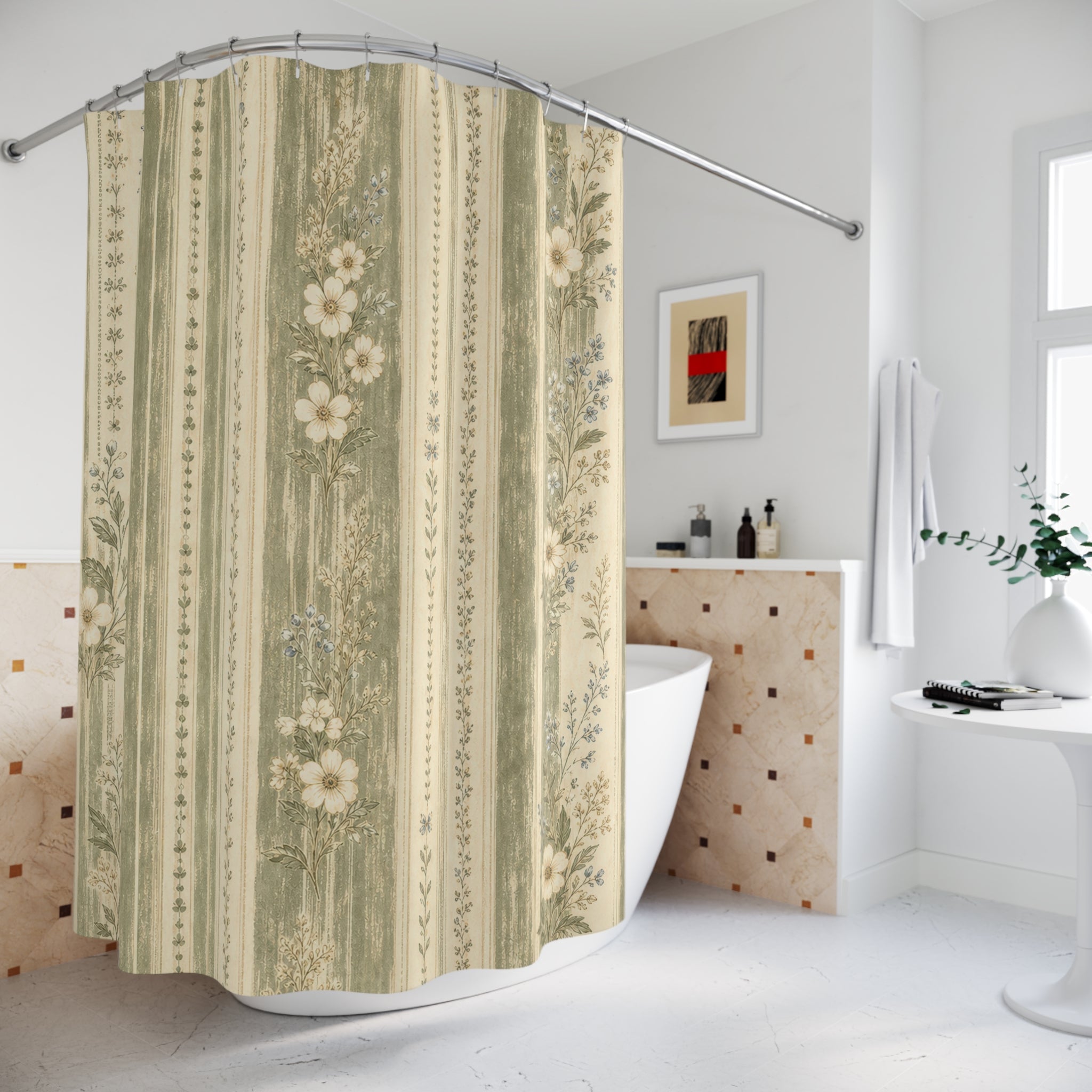 Sage Farmhouse Floral Stripe Green Shower Curtain