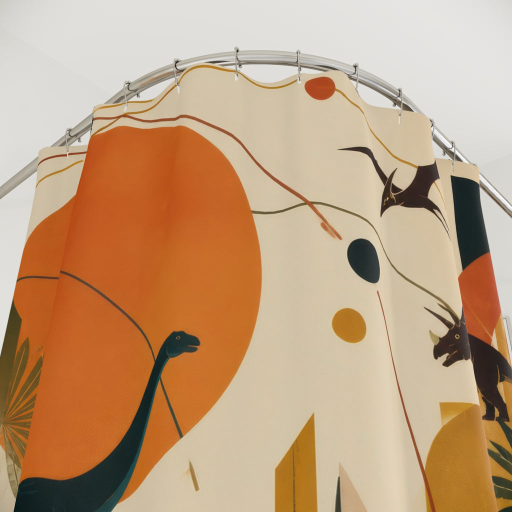 Mid Century Geometric Dinosaur shower curtain with close-up print, hooks, and folds