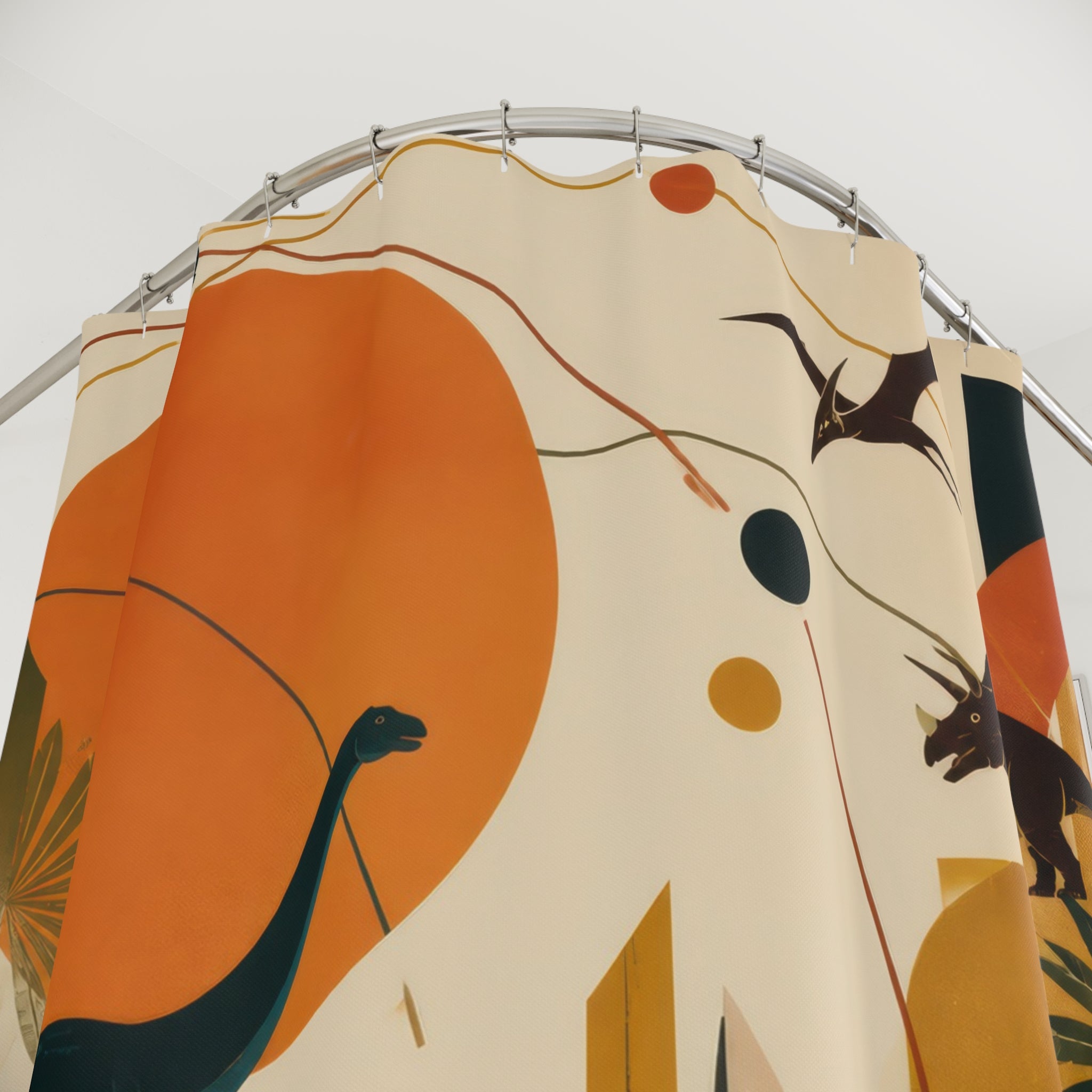 Mid Century Geometric Dinosaur shower curtain with close-up print, hooks, and folds