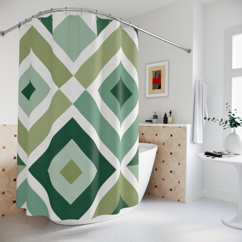 Green Geometric Shower Curtain, White Diamond Bath Decor, Sage Lattice Pattern, Modern Guest Bathroom Decor, Bold Green Style Decor