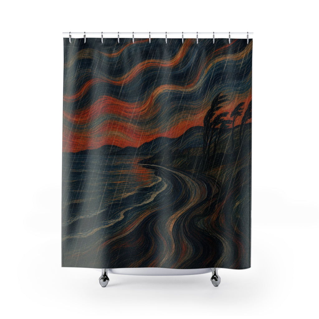 Dark Expressionist Shoreline Print Shower Curtain