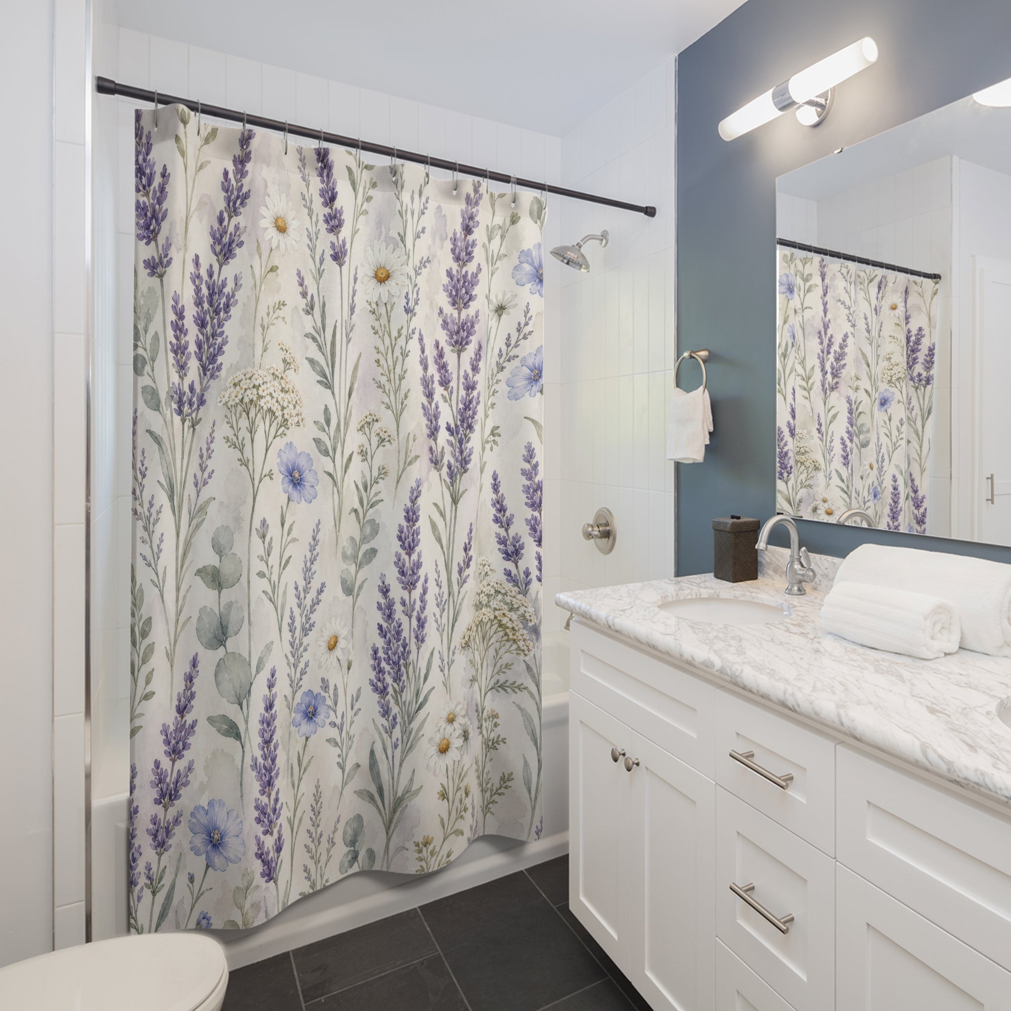 Blue Purple Wildflower Watercolor Shower Curtain