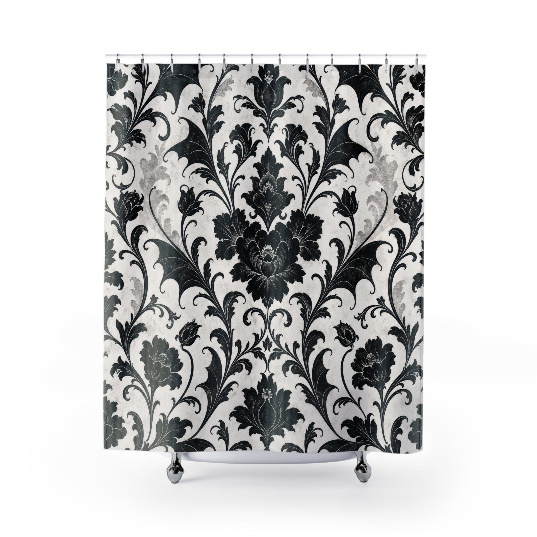Black White Damask Floral Botanical Acanthus Scroll Shower Curtain