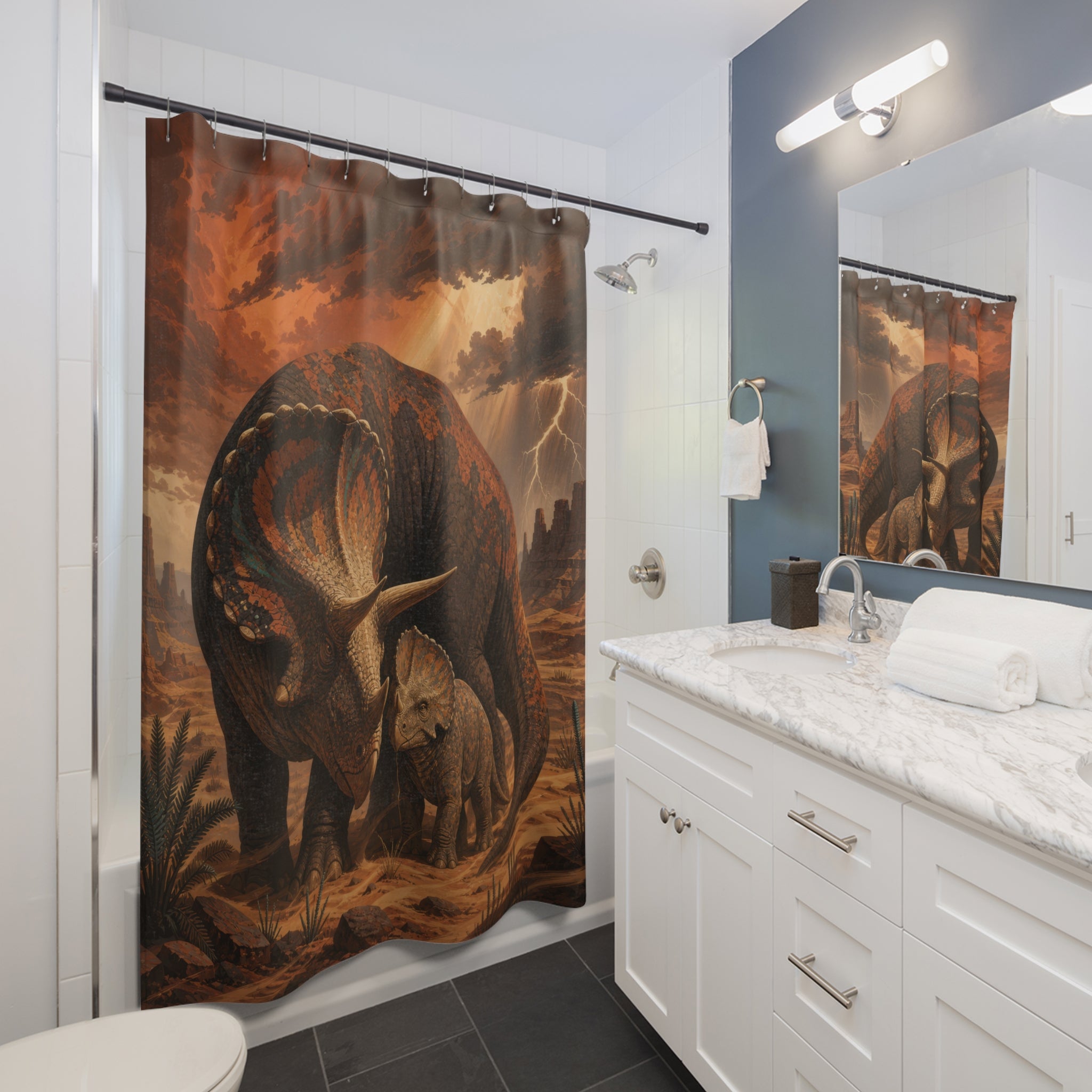 Triceratops mother and calf in a stormy canyon shower curtain beside a white vanity