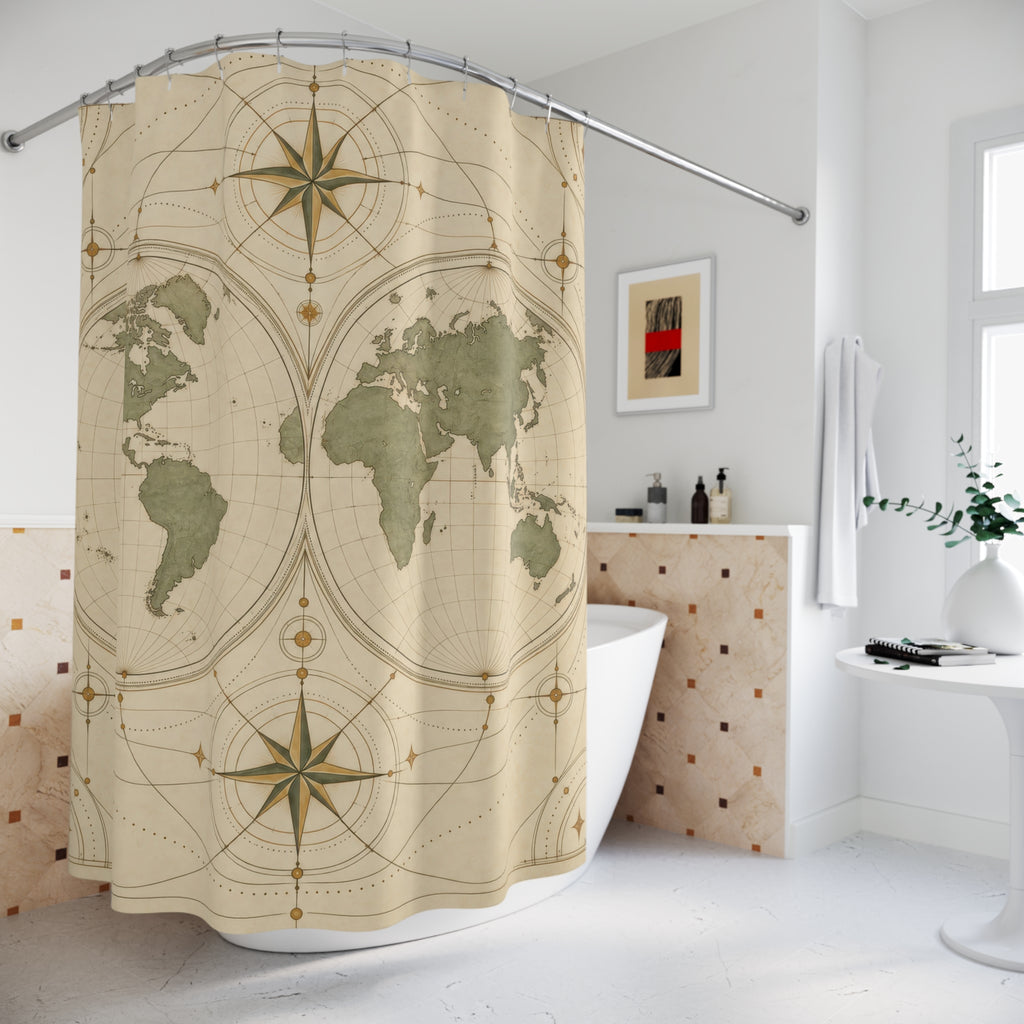 Sage and cream world map with antique hemispheres shower curtain beside a freestanding tub