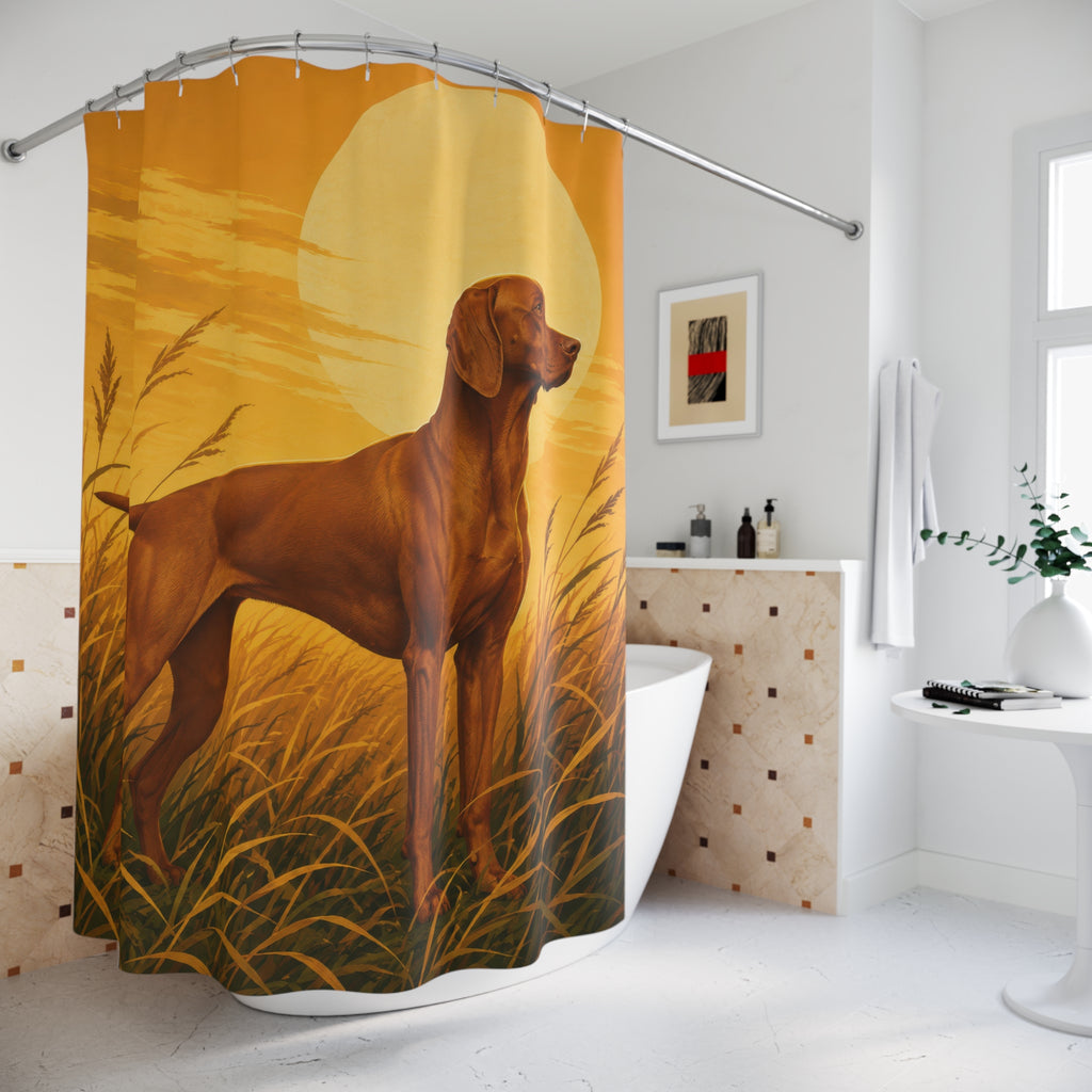 Golden meadow Vizsla shower curtain beside a freestanding tub