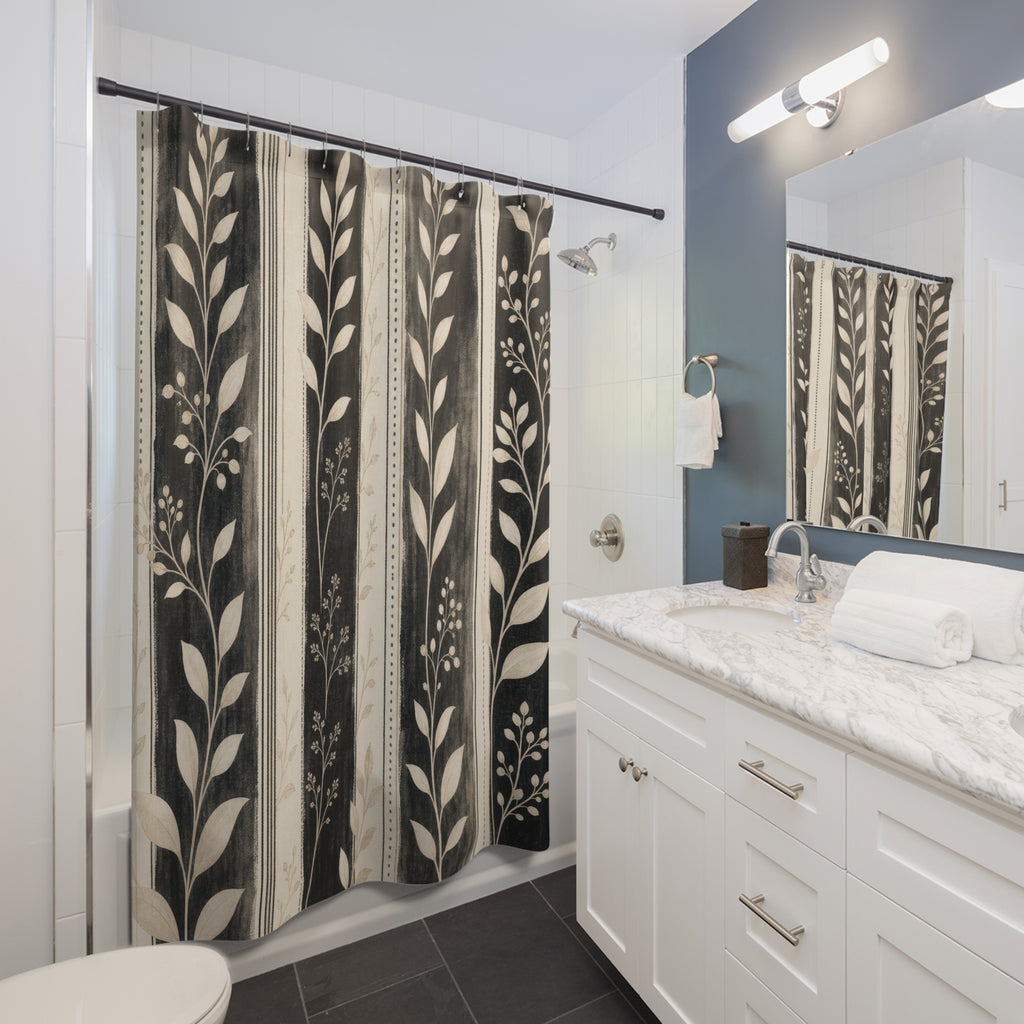 Cream Leaf Stripe Shower Curtain
